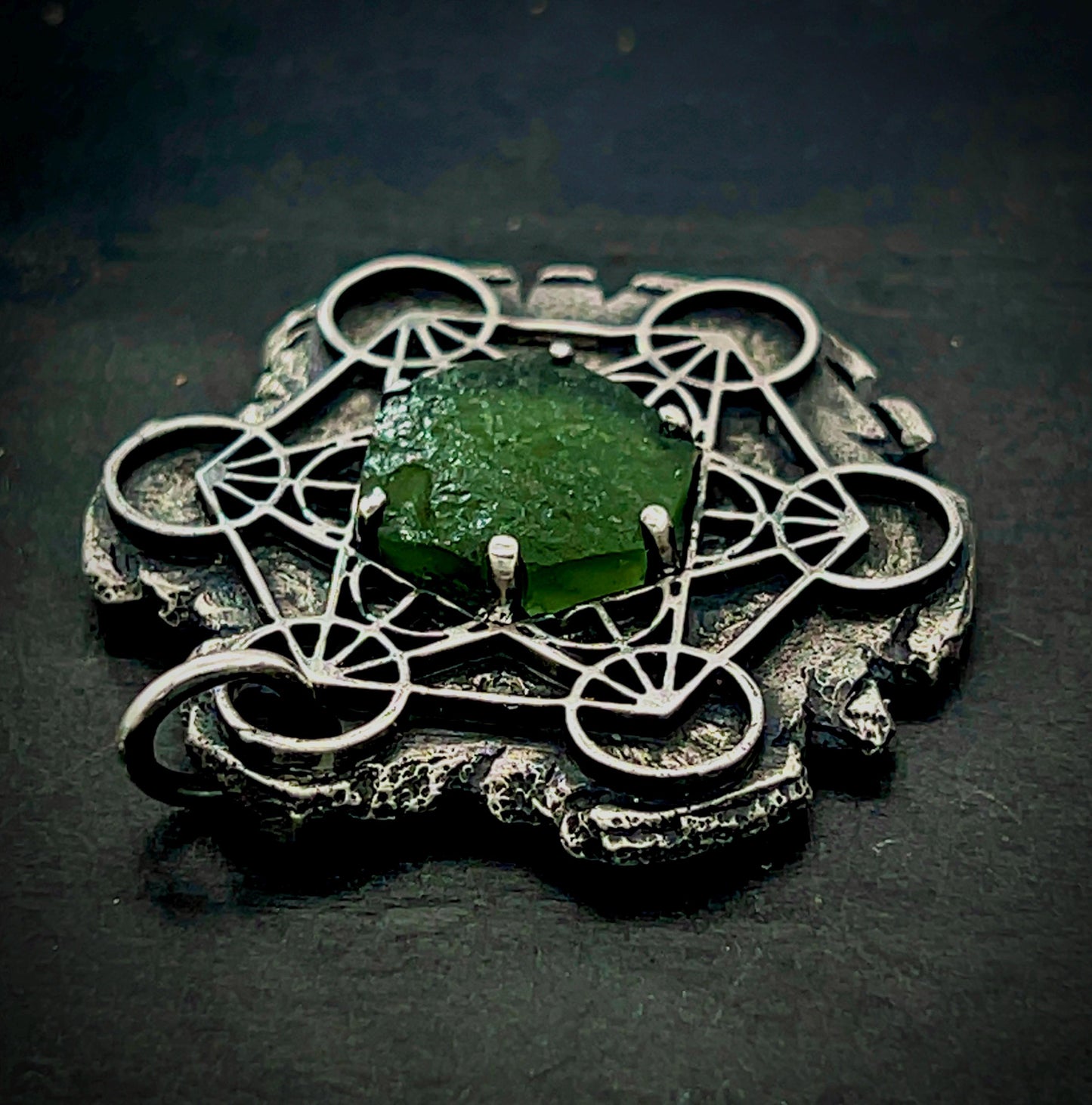 Moldavite Metatron’s Cube Pendant in Oxidised Sterling Silver