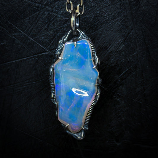 16.5ct Freeform Lightning Ridge Crystal Opal Carving Set in Oxidised Sterling Silver — One of a Kind Pendant