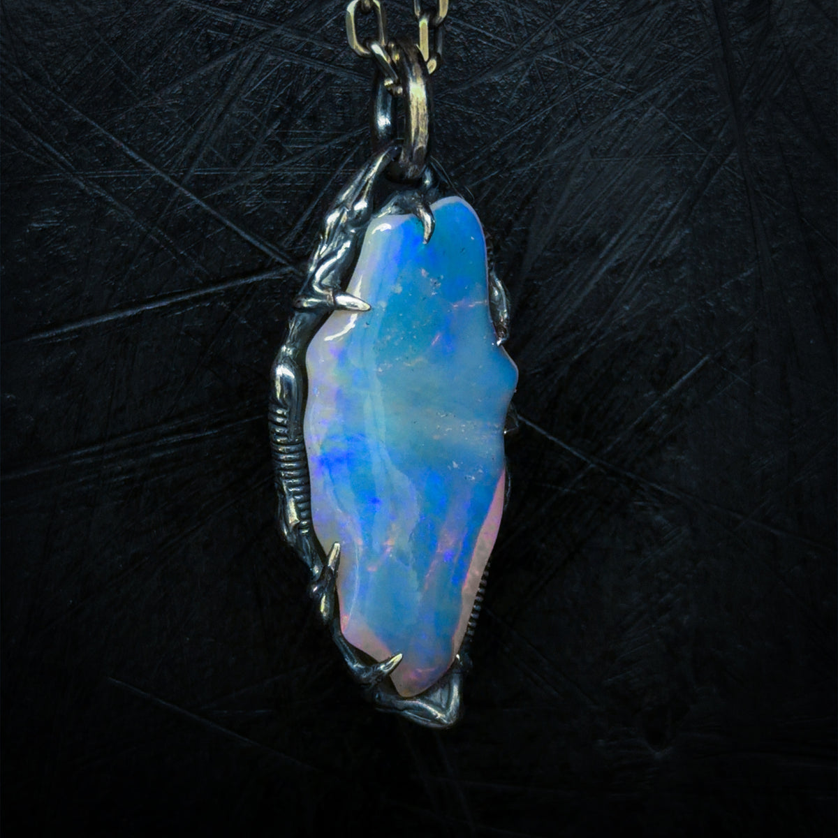 16.5ct Freeform Lightning Ridge Crystal Opal Carving Set in Oxidised Sterling Silver — One of a Kind Pendant