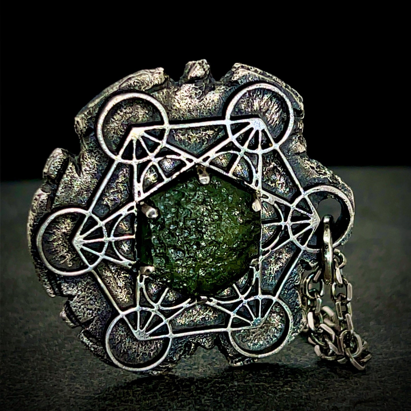 Moldavite Metatron’s Cube Pendant in Oxidised Sterling Silver