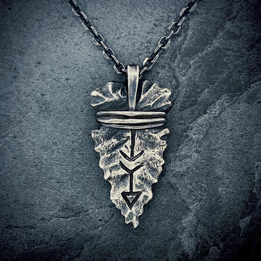 Sterling Silver Arrowhead Necklace: Hand Carved Native American Peace Symbol Pendant
