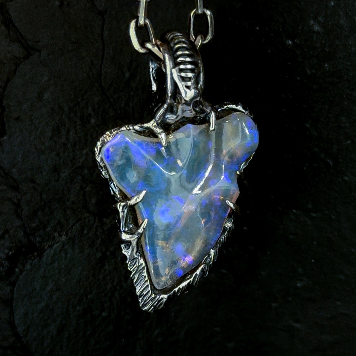 5.6ct Freeform Lightning Ridge Crystal Opal Carving Set in Oxidised Sterling Silver — One of a Kind Pendant