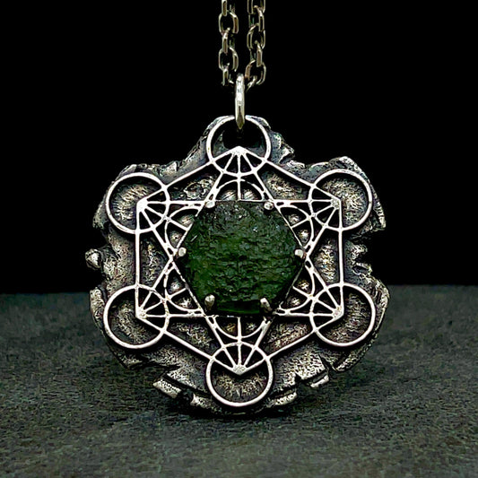 Moldavite Metatron’s Cube Pendant in Oxidised Sterling Silver