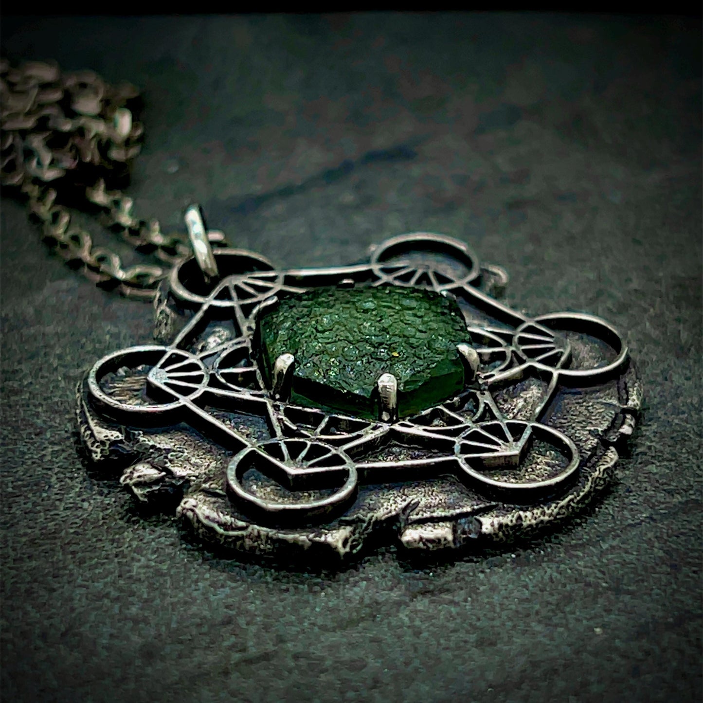 Moldavite Metatron’s Cube Pendant in Oxidised Sterling Silver