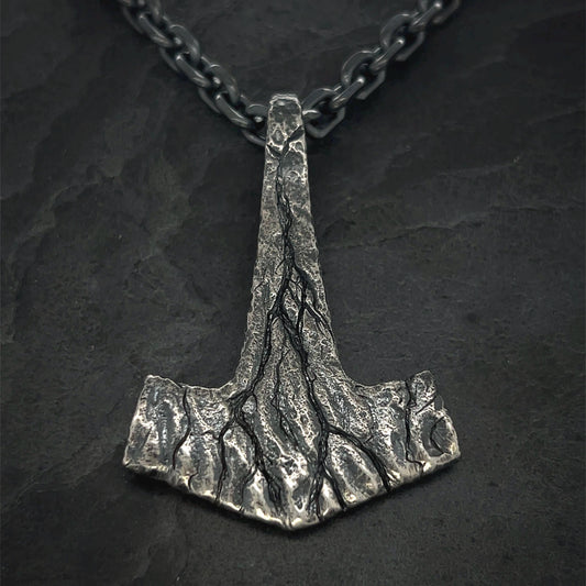 Large Battleworn Sterling Silver Mjolnir Pendant: Thor's Hammer Necklace