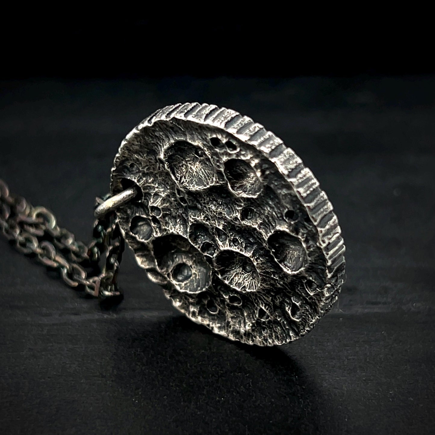 Moon Coin Pendant – Hand-Carved Crater Texture in Oxidised Sterling Silver, 28 mm