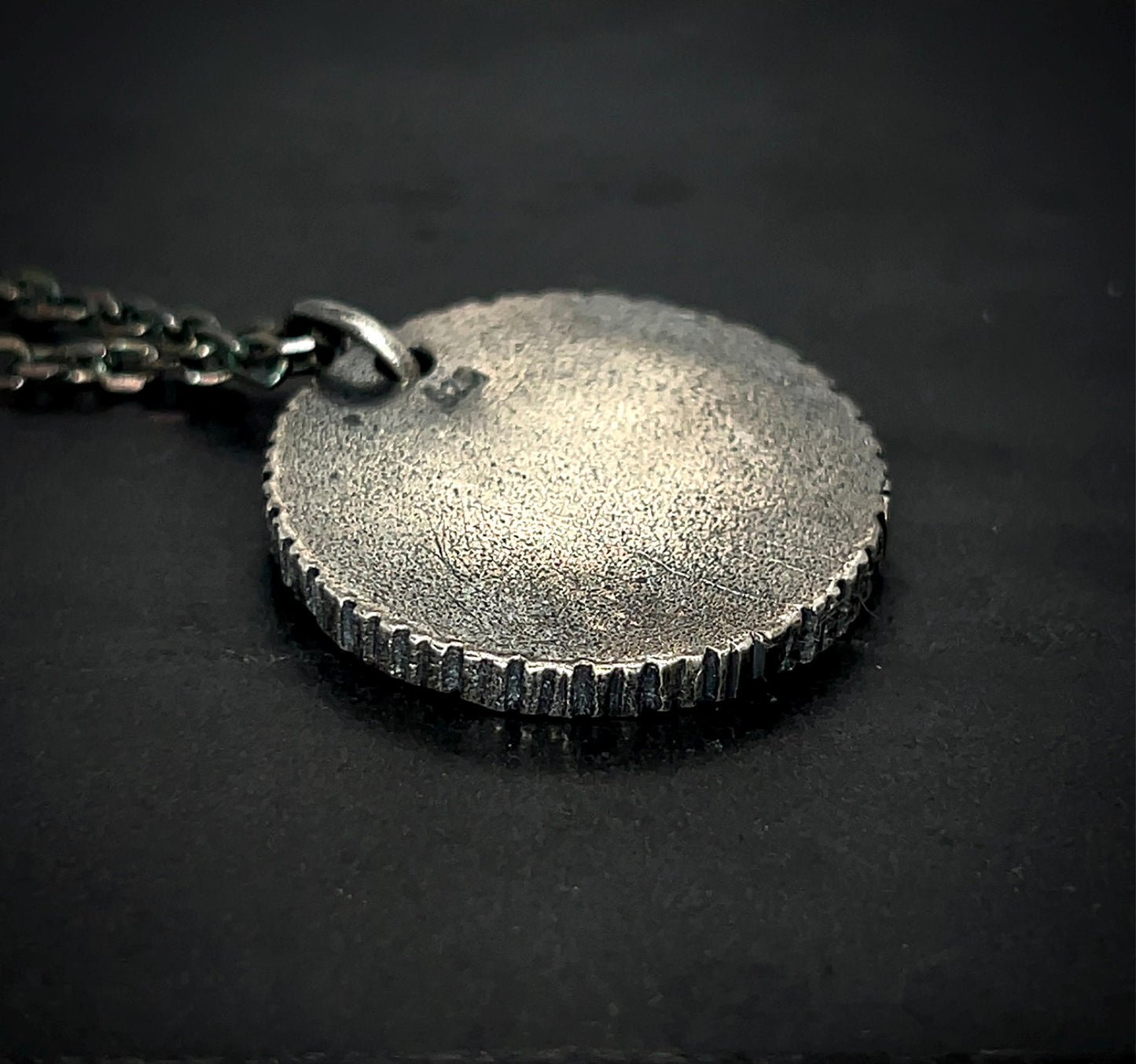 Moon Coin Pendant – Hand-Carved Crater Texture in Oxidised Sterling Silver, 28 mm