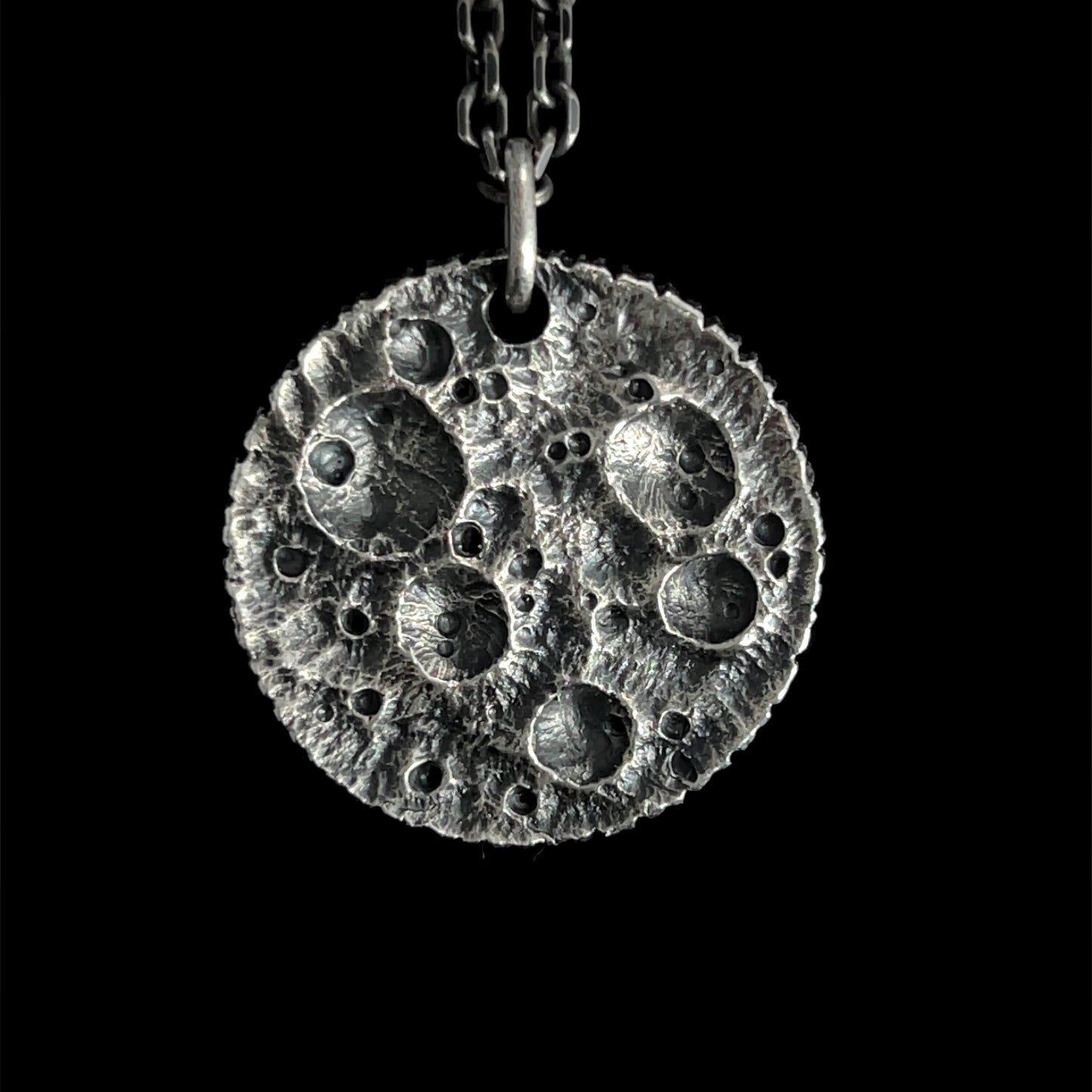 Moon Coin Pendant – Hand-Carved Crater Texture in Oxidised Sterling Silver, 28 mm