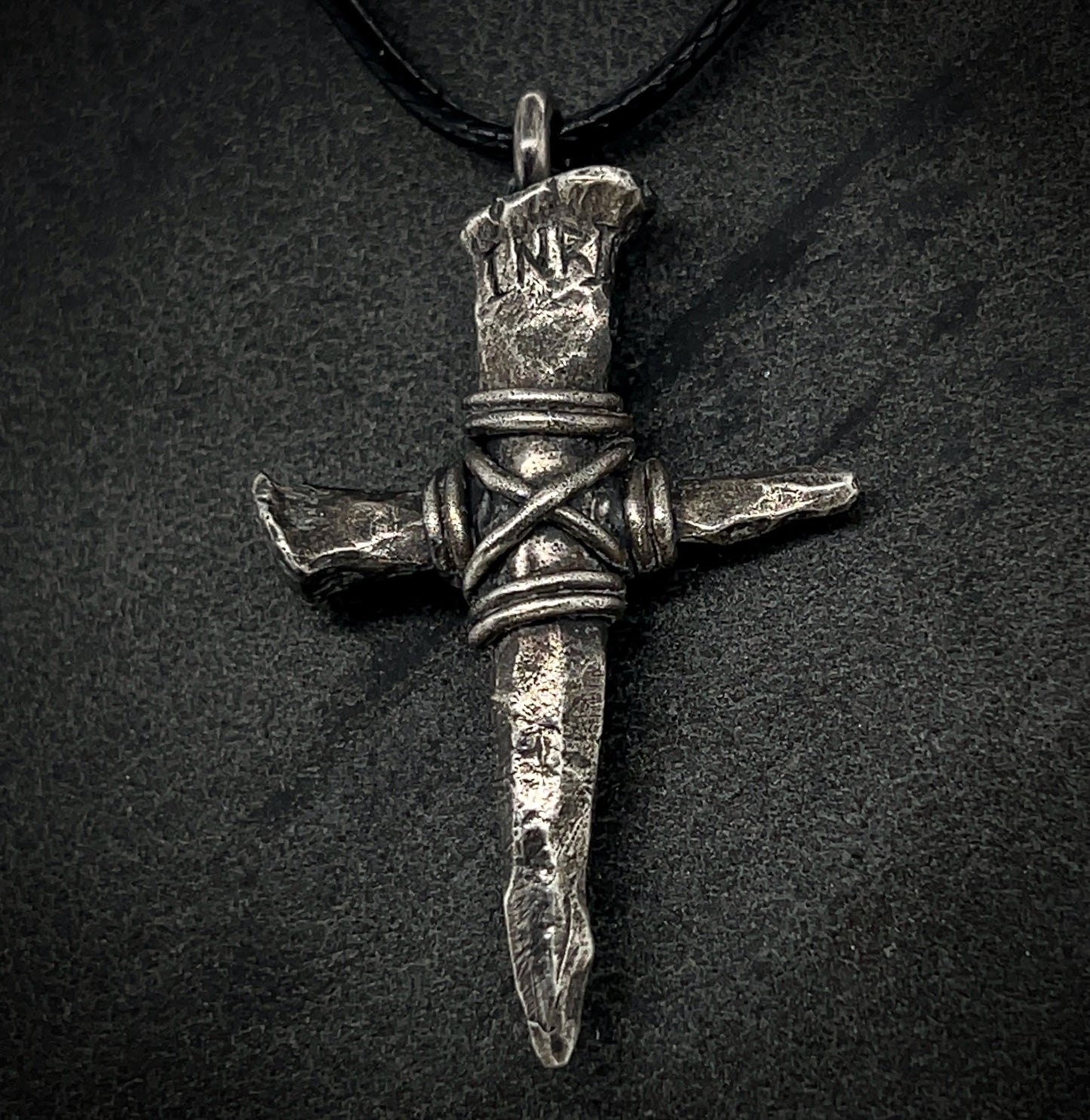 Oxidized Sterling Silver Nail Cross Pendant Necklace: Handmade Crucifix (51 mm)