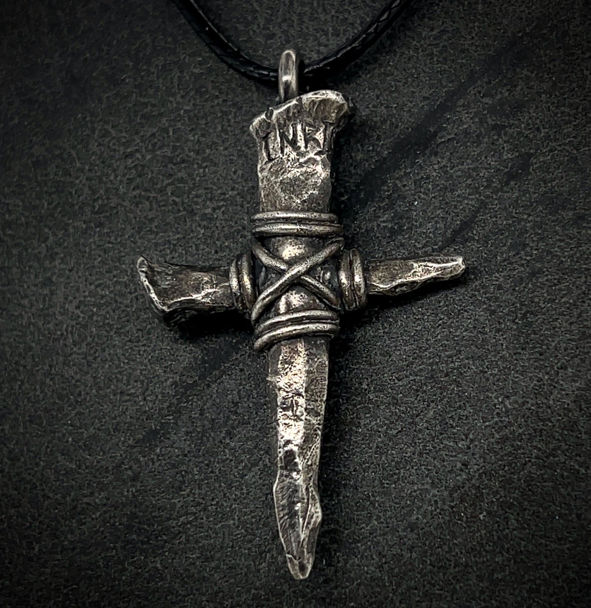 Oxidized Sterling Silver Nail Cross Pendant Necklace: Handmade Crucifix (51 mm)
