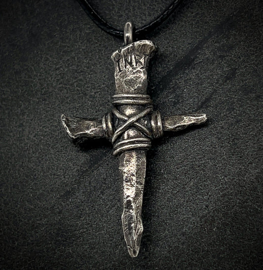Oxidized Sterling Silver Nail Cross Pendant Necklace: Handmade Crucifix (51 mm)