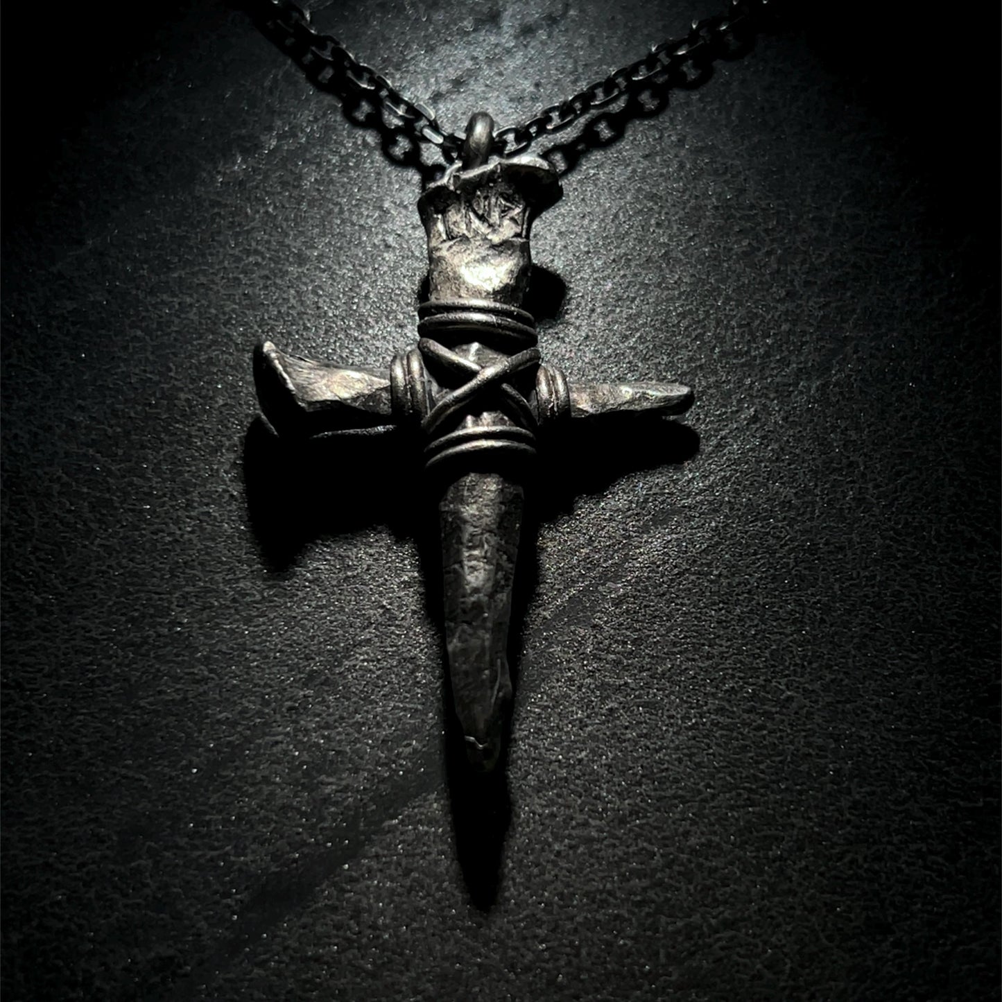 Oxidized Sterling Silver Nail Cross Pendant Necklace: Handmade Crucifix (51 mm)