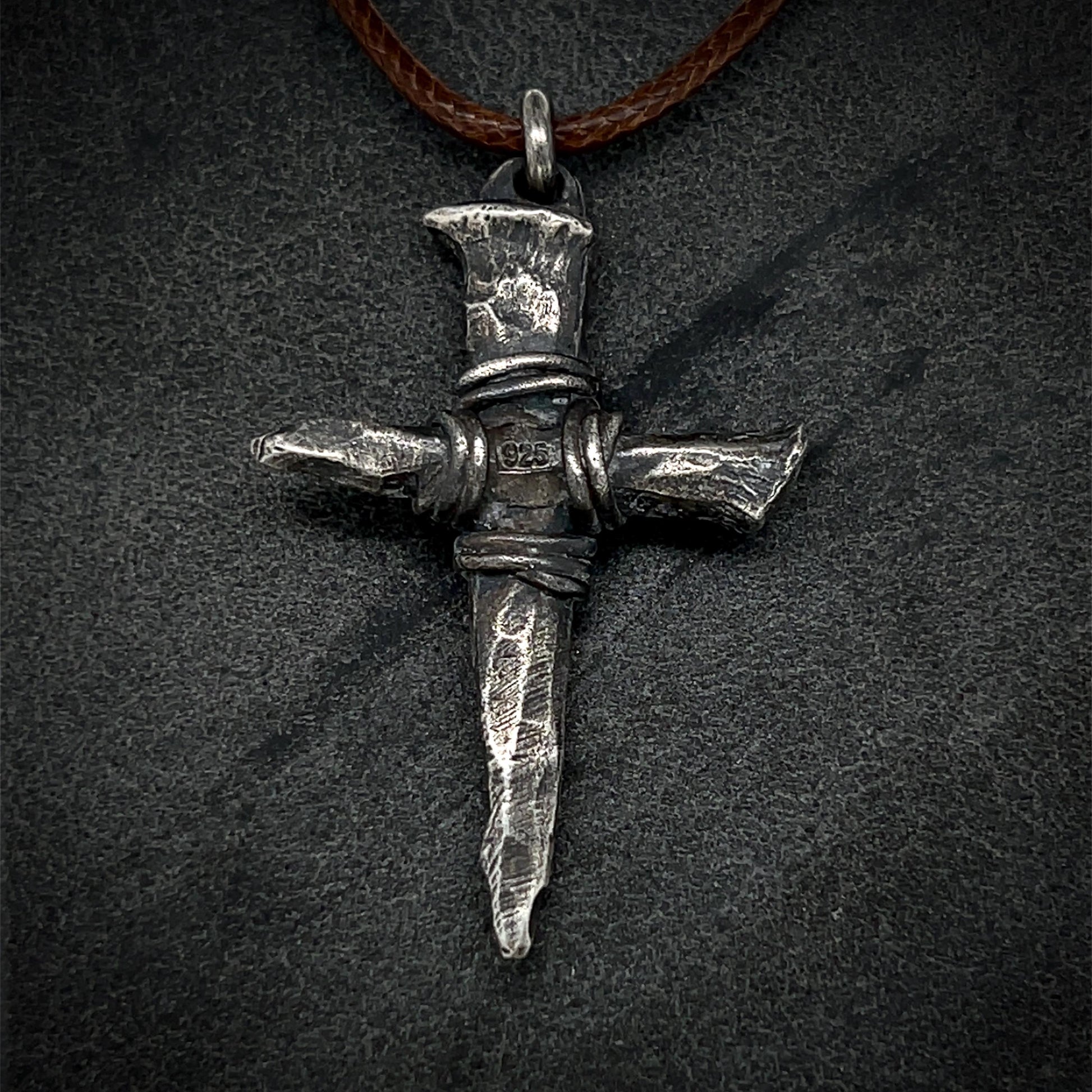 Oxidized Sterling Silver Nail Cross Pendant Necklace: Handmade Crucifix (51 mm)
