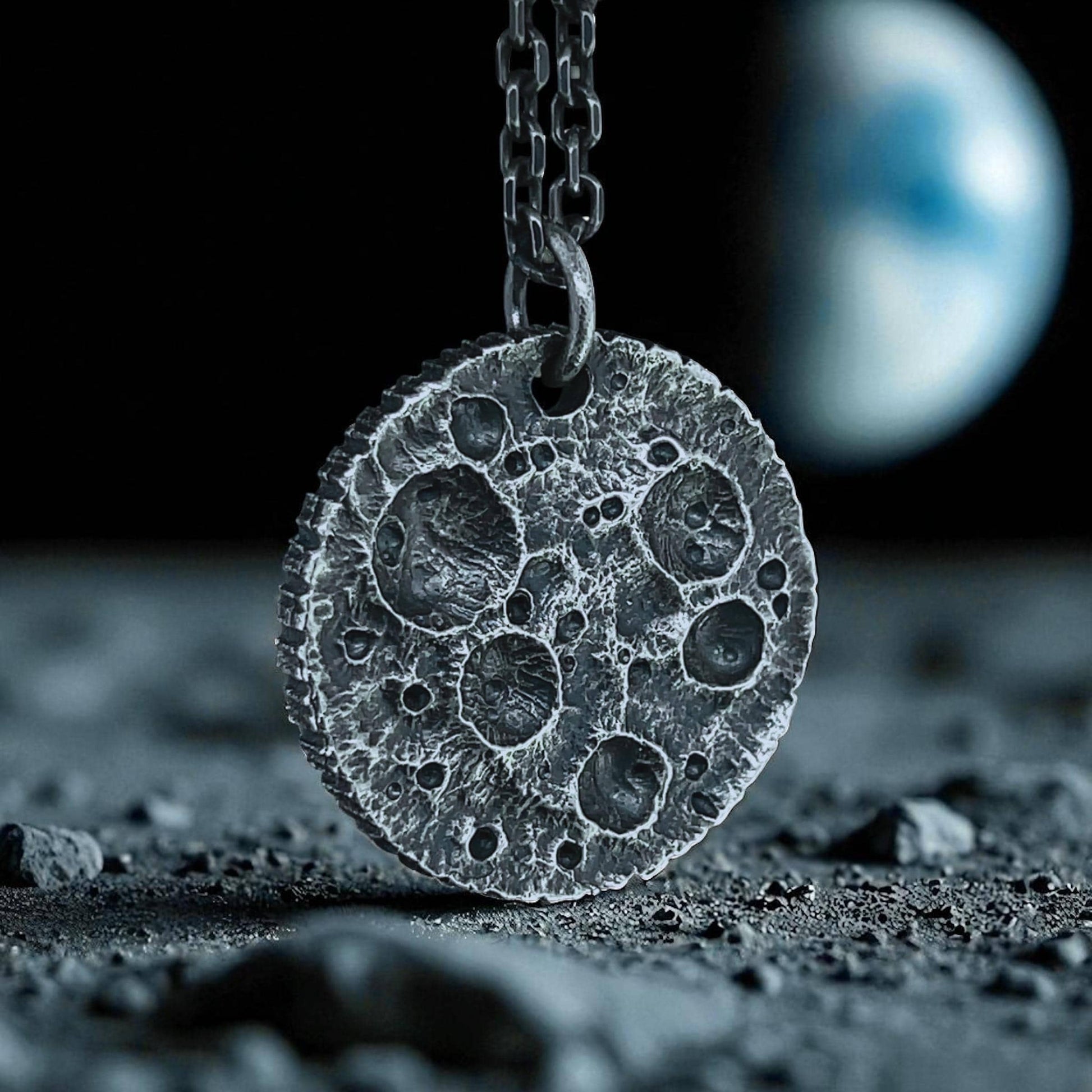 Moon Coin Pendant – Hand-Carved Crater Texture in Oxidised Sterling Silver, 28 mm