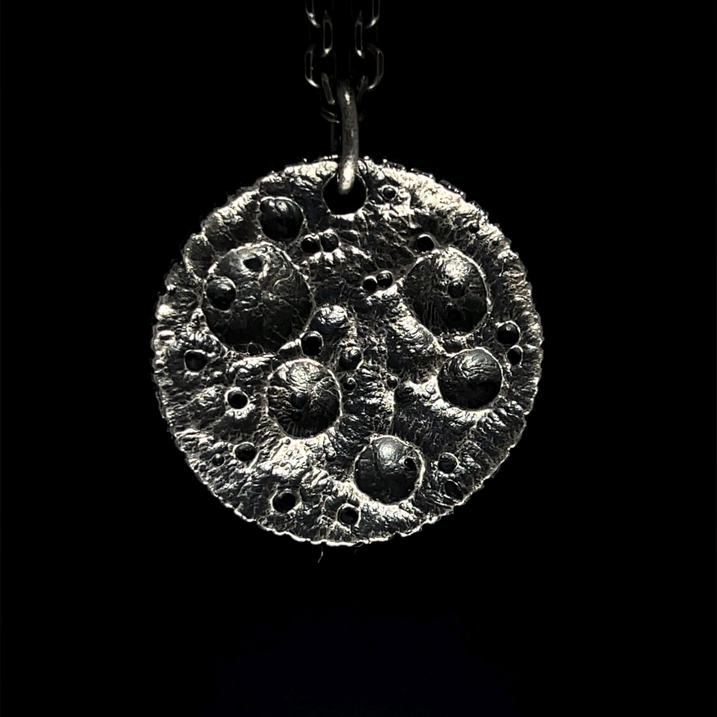 Moon Coin Pendant – Hand-Carved Crater Texture in Oxidised Sterling Silver, 28 mm