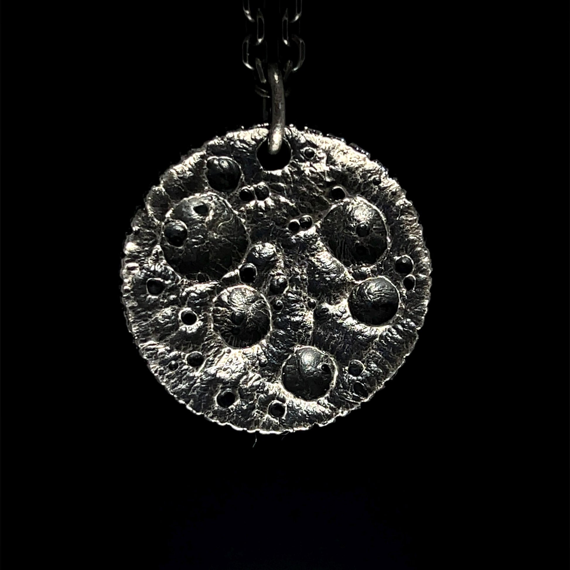 Moon Coin Pendant – Hand-Carved Crater Texture in Oxidised Sterling Silver, 28 mm