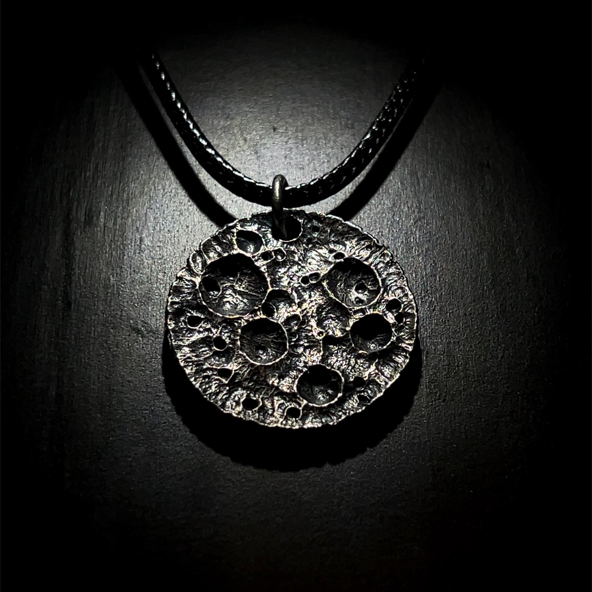 Moon Coin Pendant – Hand-Carved Crater Texture in Oxidised Sterling Silver, 28 mm