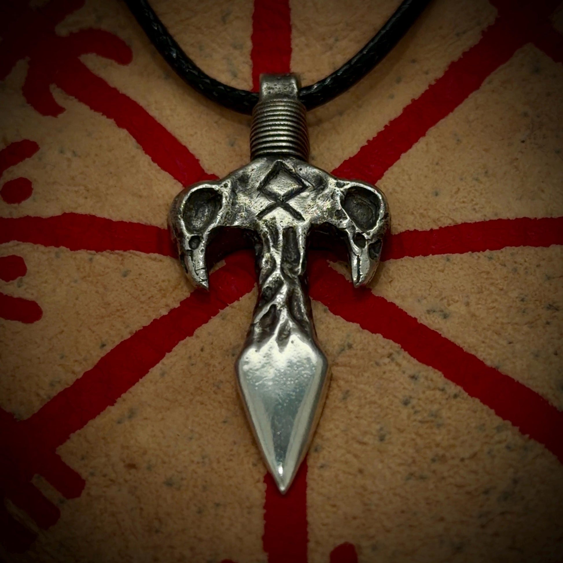 Odin's Spear Gungnir Pendant with Othala Rune and Raven Skull Carvings in Sterling Silver