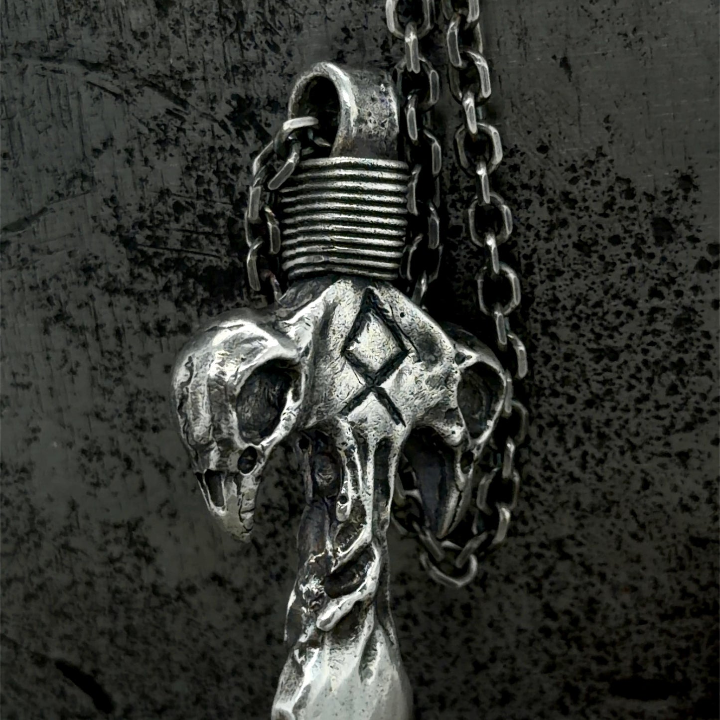 Odin's Spear Gungnir Pendant with Othala Rune and Raven Skull Carvings in Sterling Silver