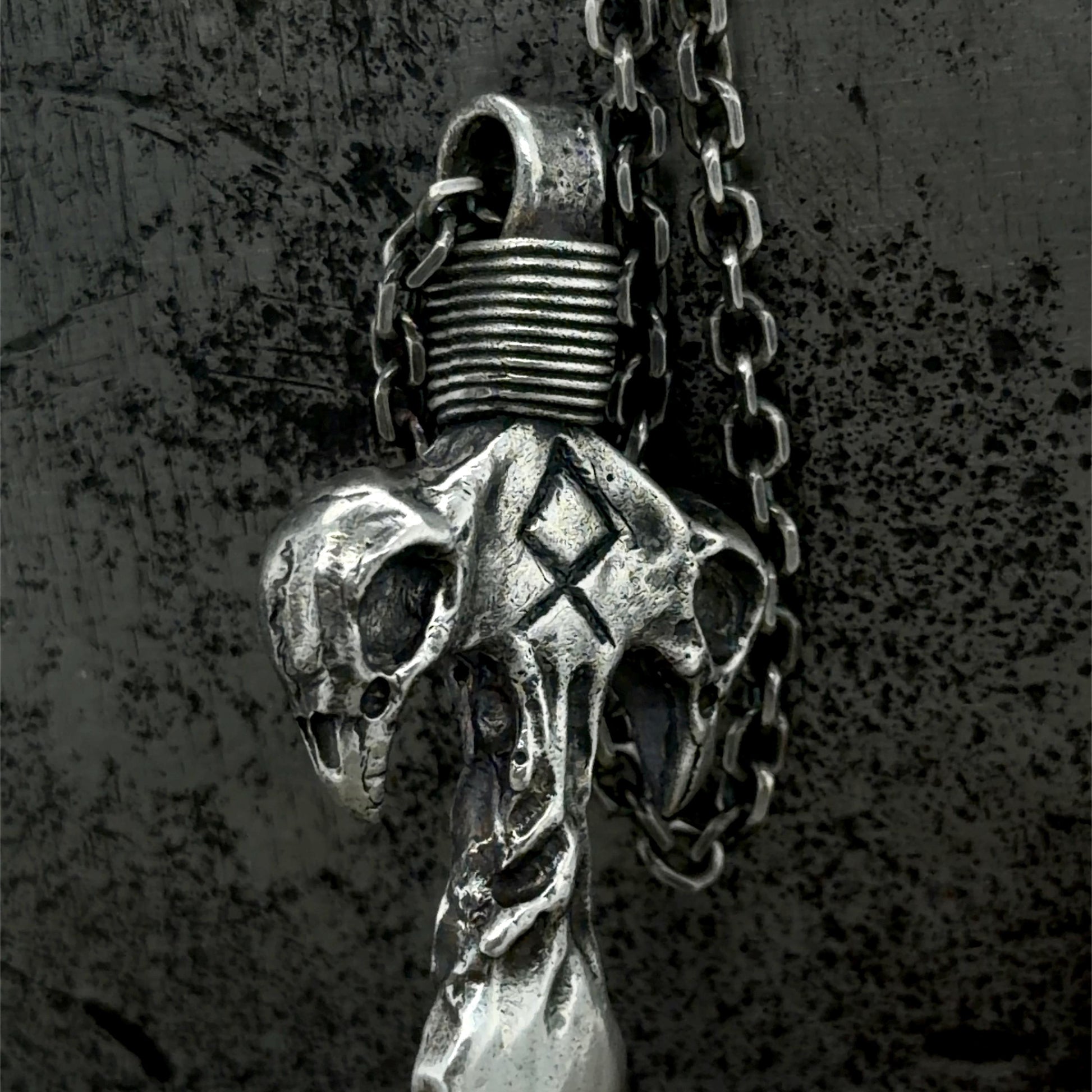 Odin's Spear Gungnir Pendant with Othala Rune and Raven Skull Carvings in Sterling Silver