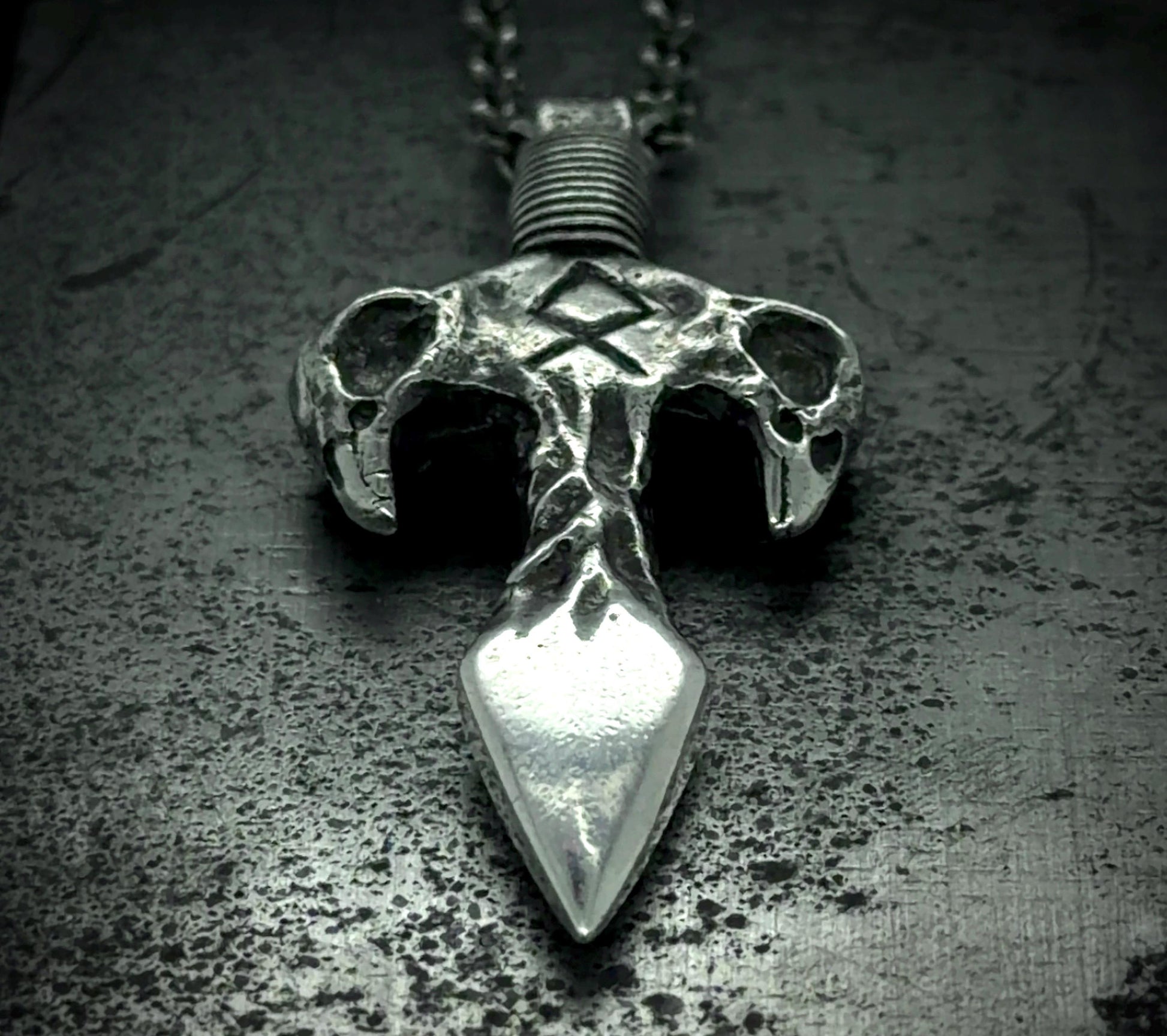 Odin's Spear Gungnir Pendant with Othala Rune and Raven Skull Carvings in Sterling Silver