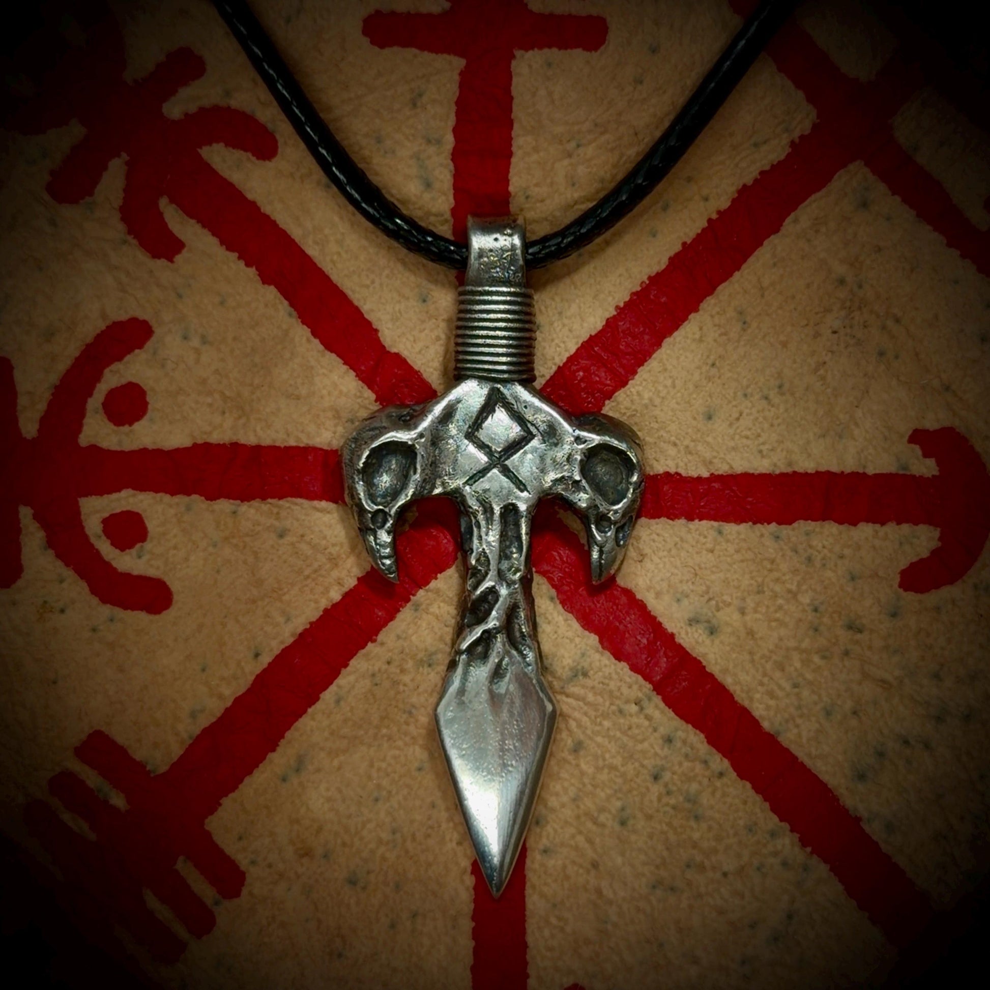Odin's Spear Gungnir Pendant with Othala Rune and Raven Skull Carvings in Sterling Silver