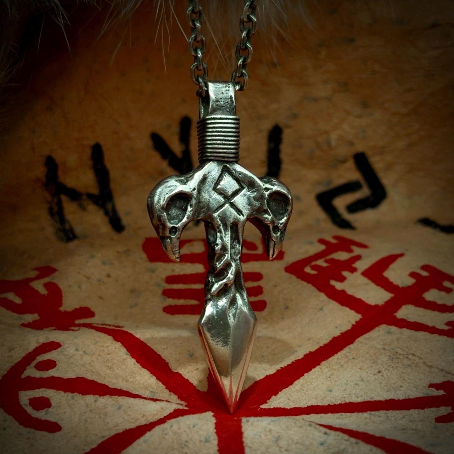 Odin's Spear Gungnir Pendant with Othala Rune and Raven Skull Carvings in Sterling Silver