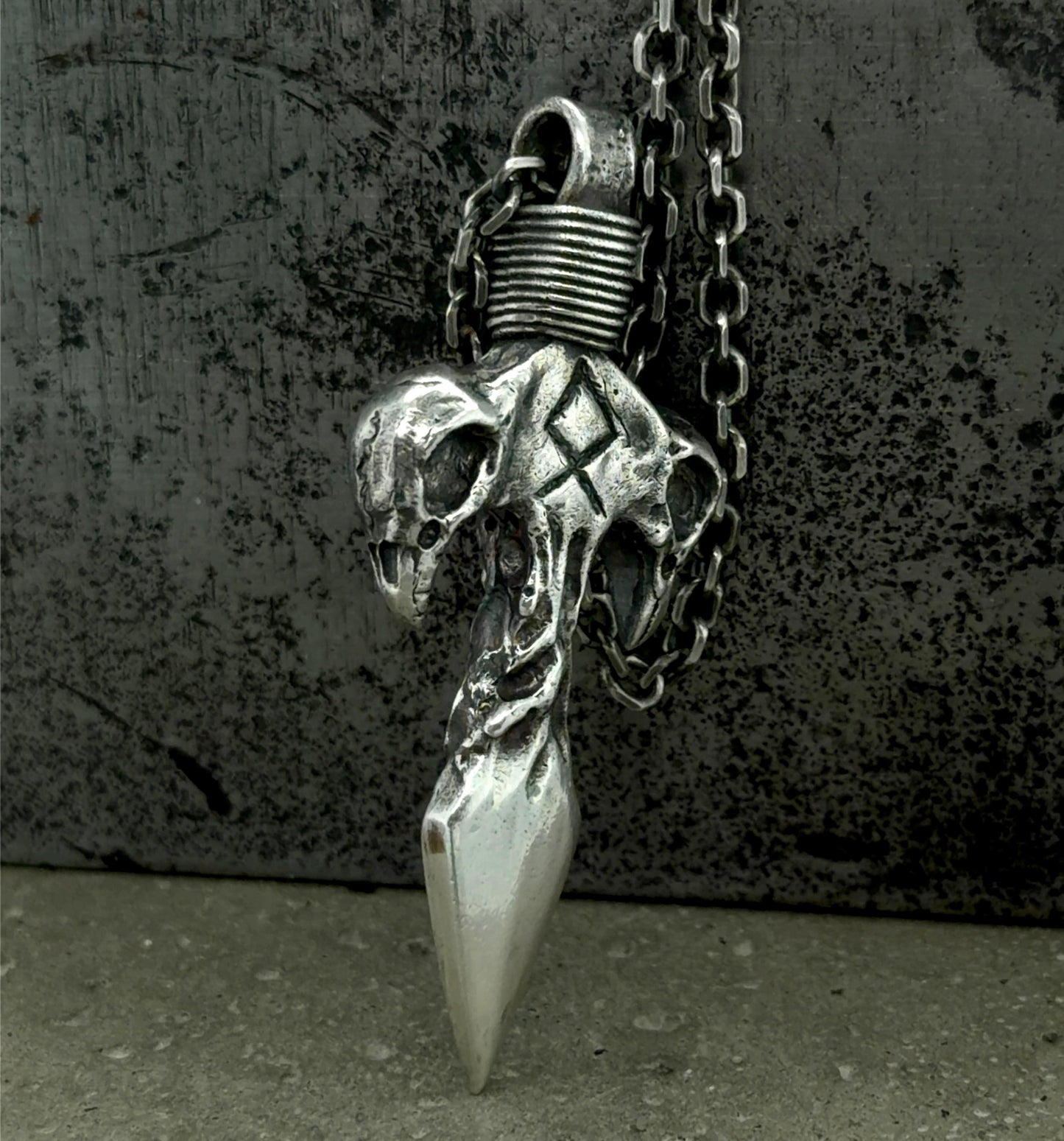 Odin's Spear Gungnir Pendant with Othala Rune and Raven Skull Carvings in Sterling Silver