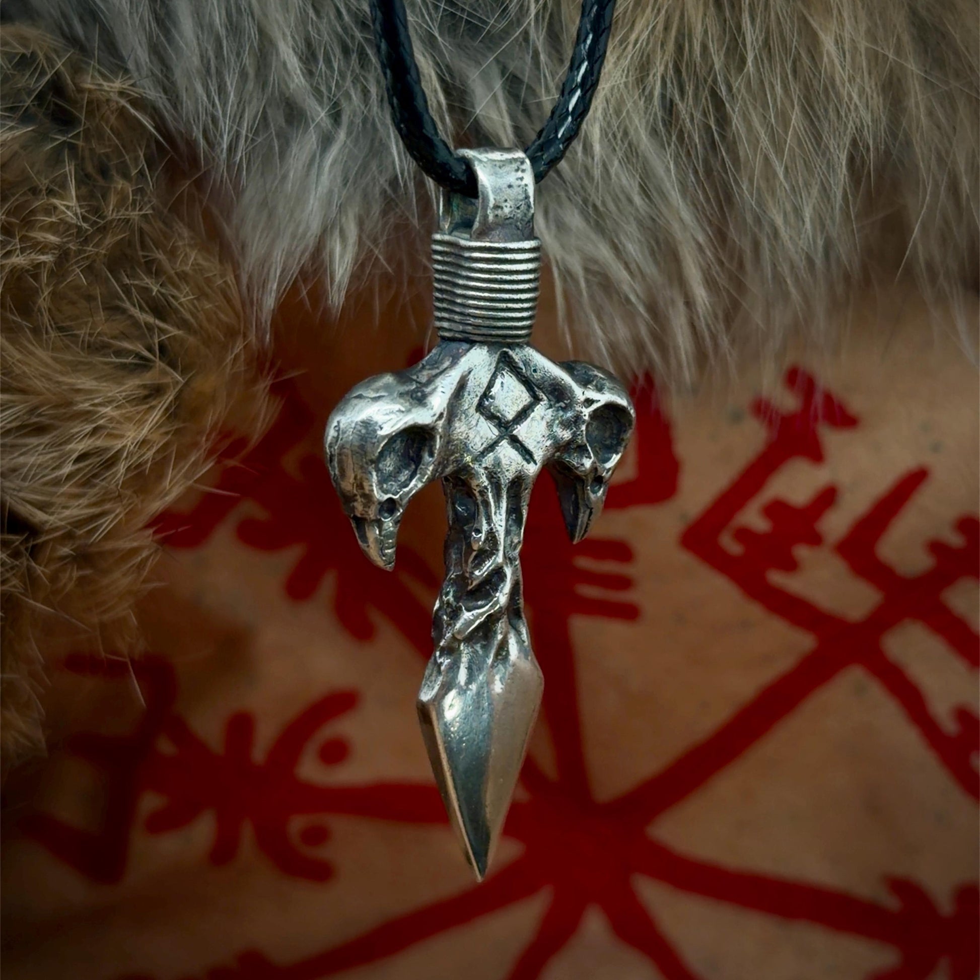 Odin's Spear Gungnir Pendant with Othala Rune and Raven Skull Carvings in Sterling Silver