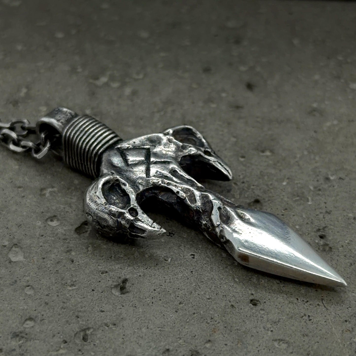 Odin's Spear Gungnir Pendant with Othala Rune and Raven Skull Carvings in Sterling Silver