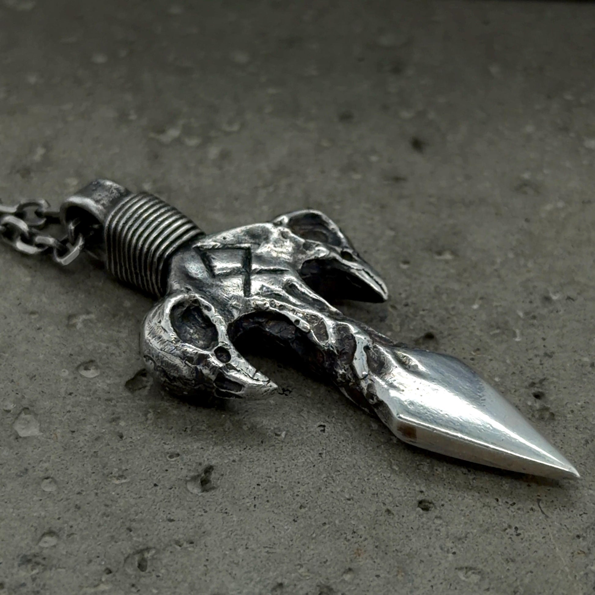 Odin's Spear Gungnir Pendant with Othala Rune and Raven Skull Carvings in Sterling Silver