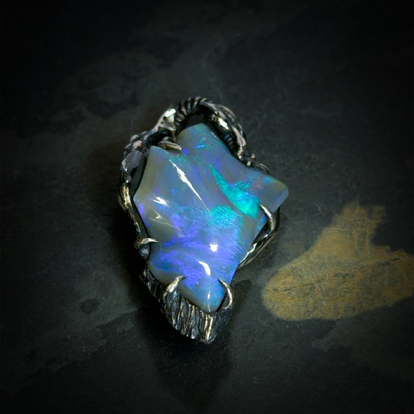 10ct Freeform Lightning Ridge Opal Carving in Oxidised Sterling Silver — One of a Kind Pendant