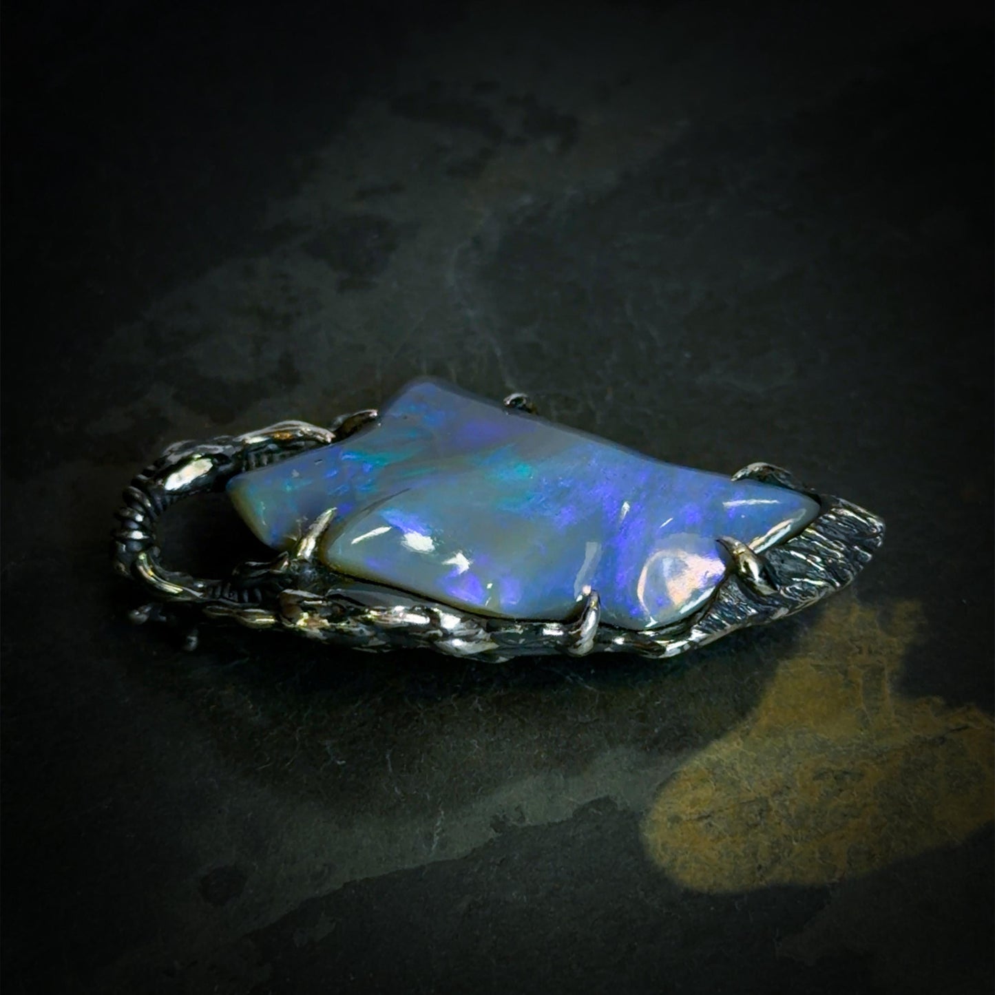 10ct Freeform Lightning Ridge Opal Carving in Oxidised Sterling Silver — One of a Kind Pendant
