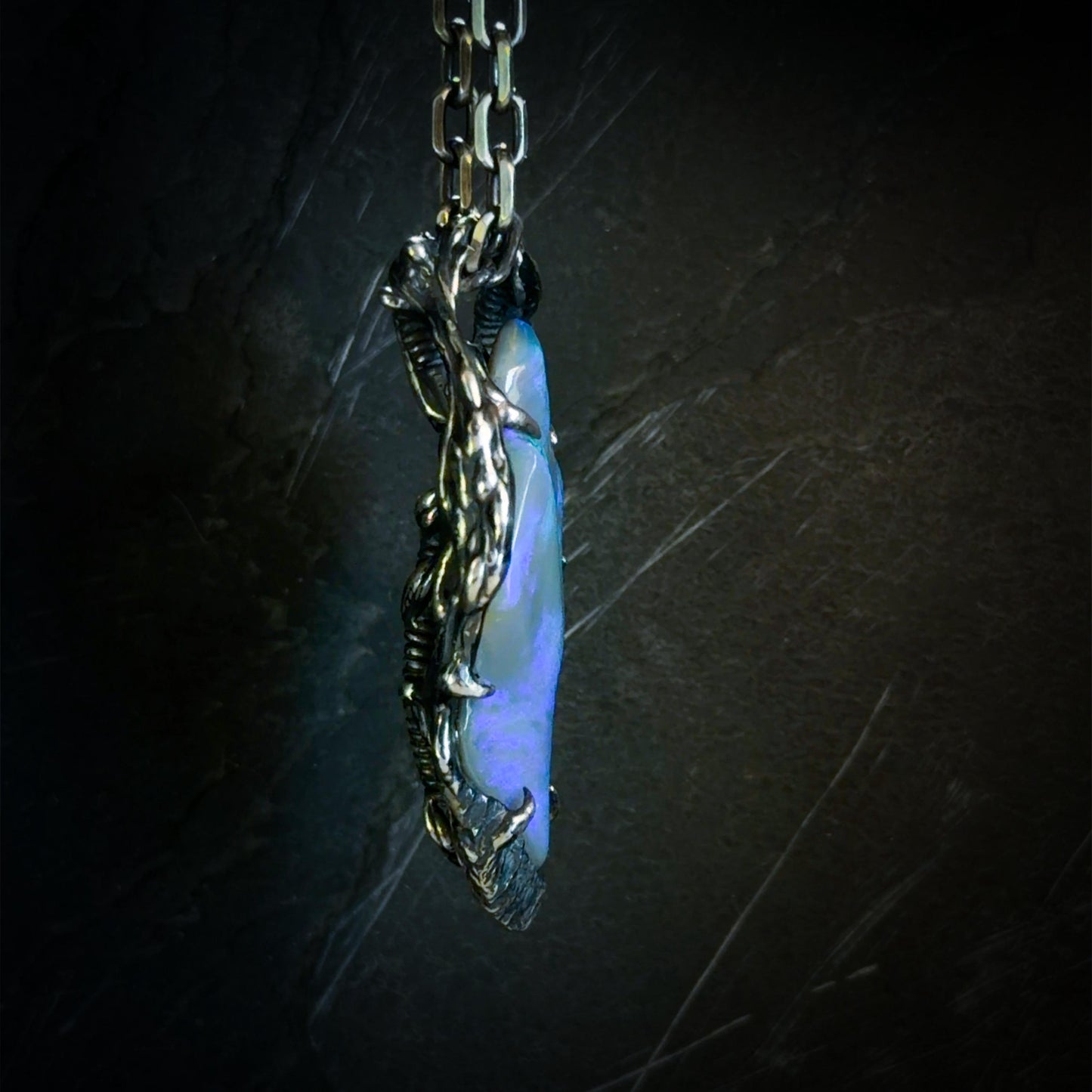 10ct Freeform Lightning Ridge Opal Carving in Oxidised Sterling Silver — One of a Kind Pendant