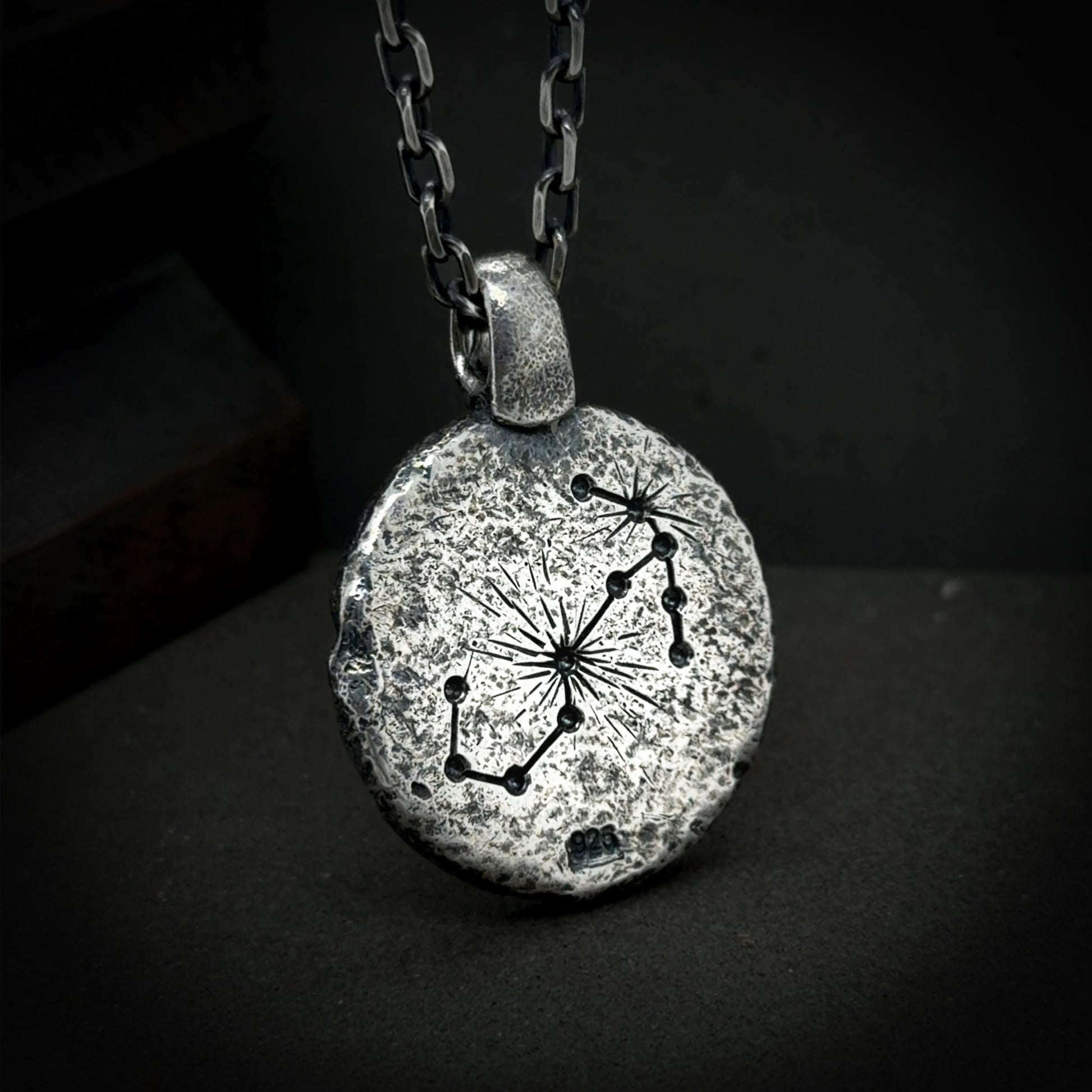 Scorpio Necklace in Sterling Silver — Zodiac Relic Pendant with Constellation Reverse
