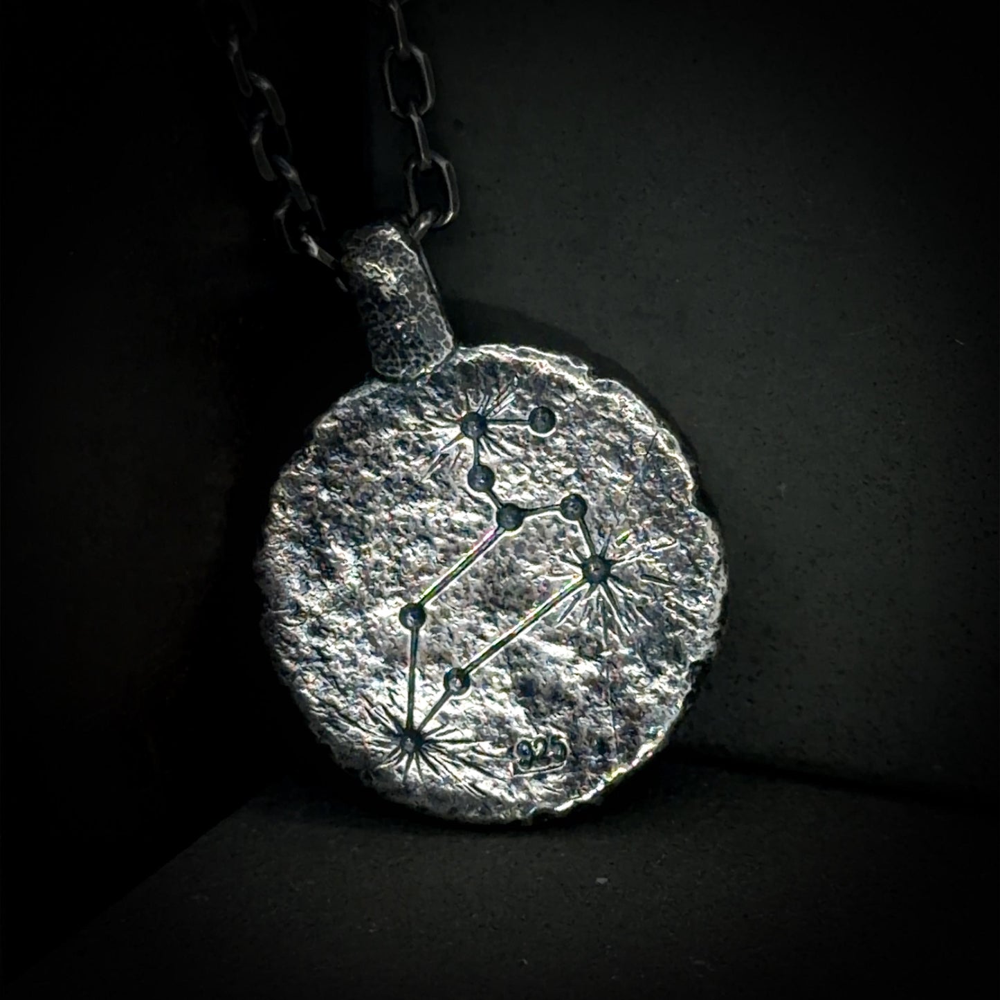 Leo Necklace in Sterling Silver — Zodiac Relic Pendant with Constellation Reverse