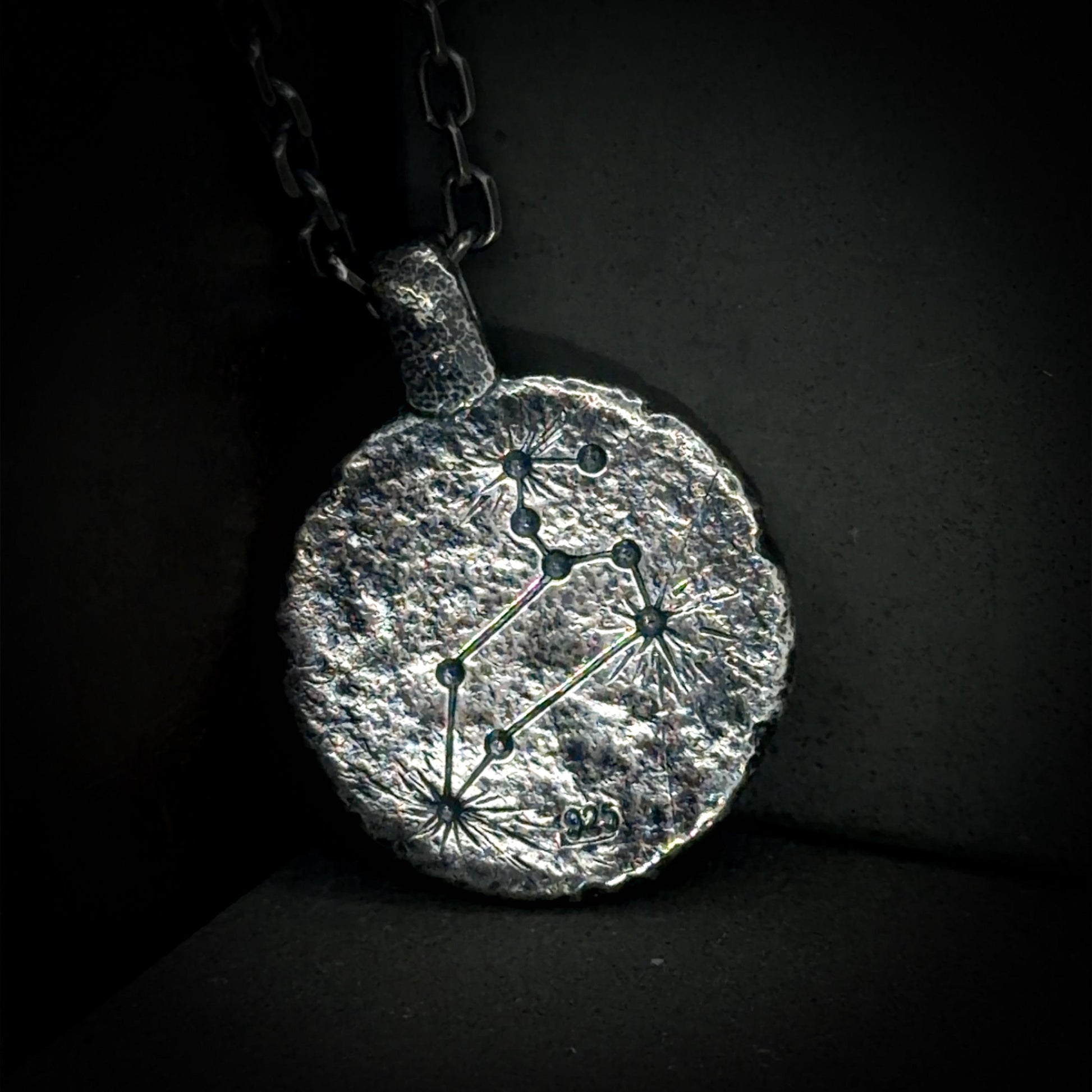Leo Necklace in Sterling Silver — Zodiac Relic Pendant with Constellation Reverse