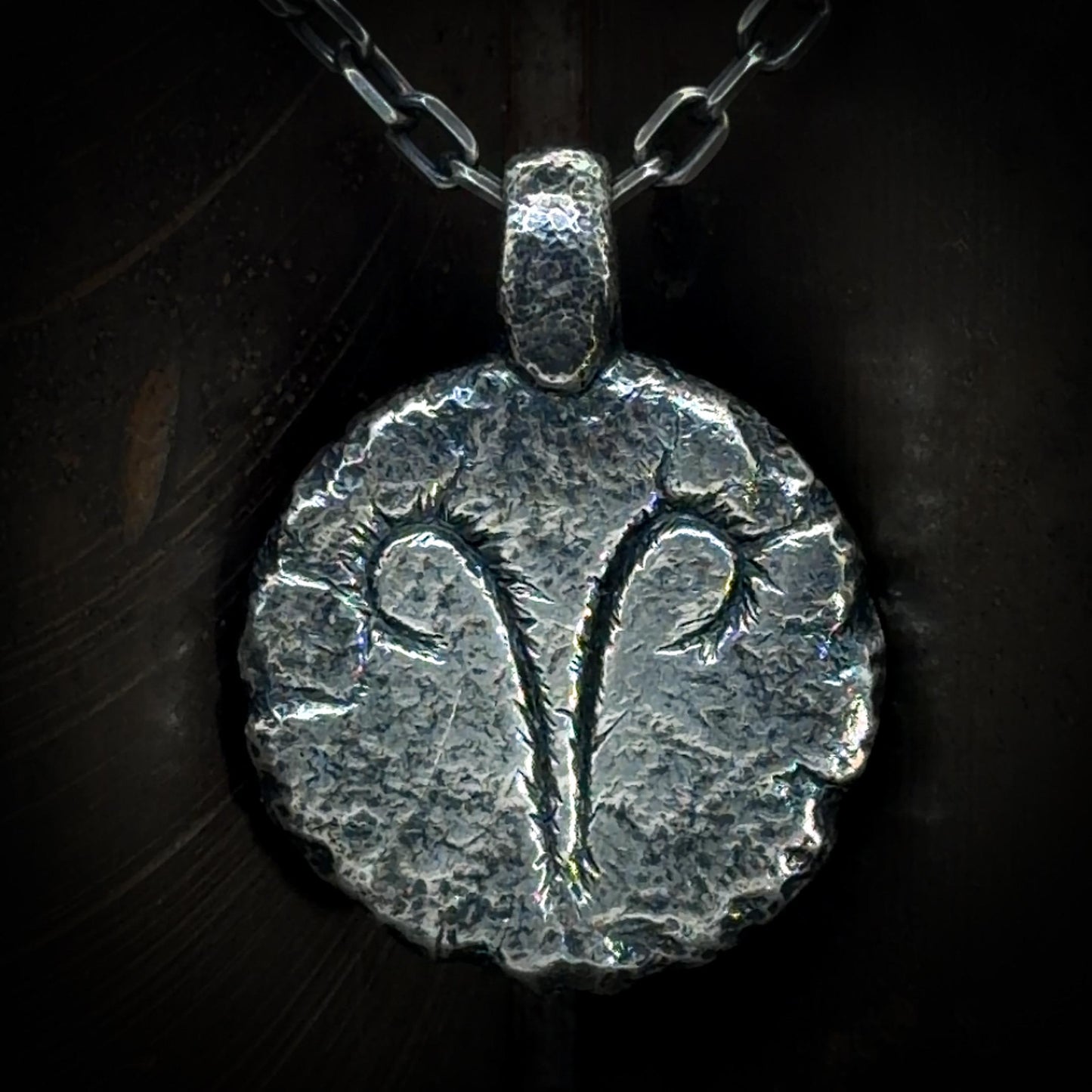 Aries Necklace in Sterling Silver — Zodiac Relic Pendant with Constellation Reverse