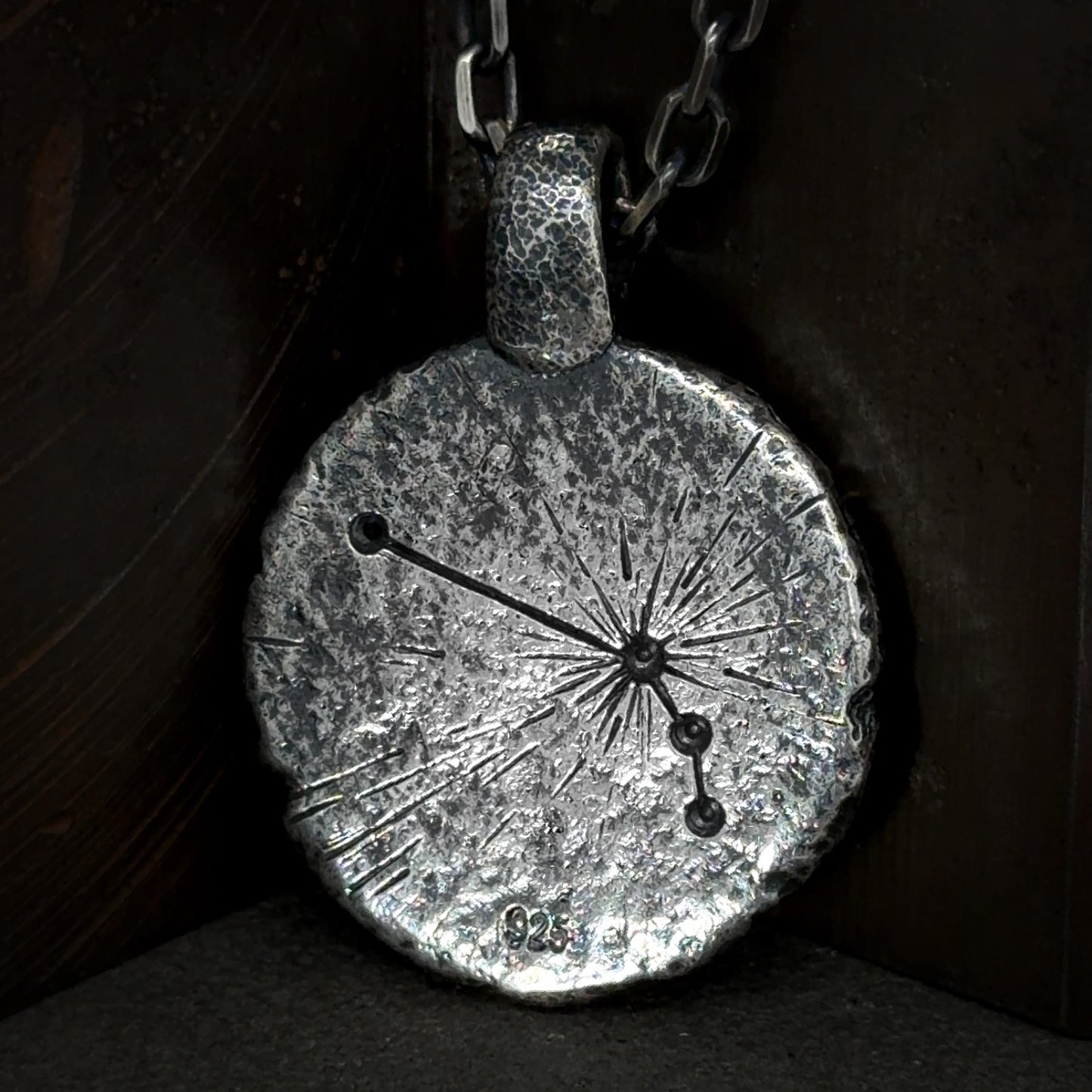 Aries Necklace in Sterling Silver — Zodiac Relic Pendant with Constellation Reverse
