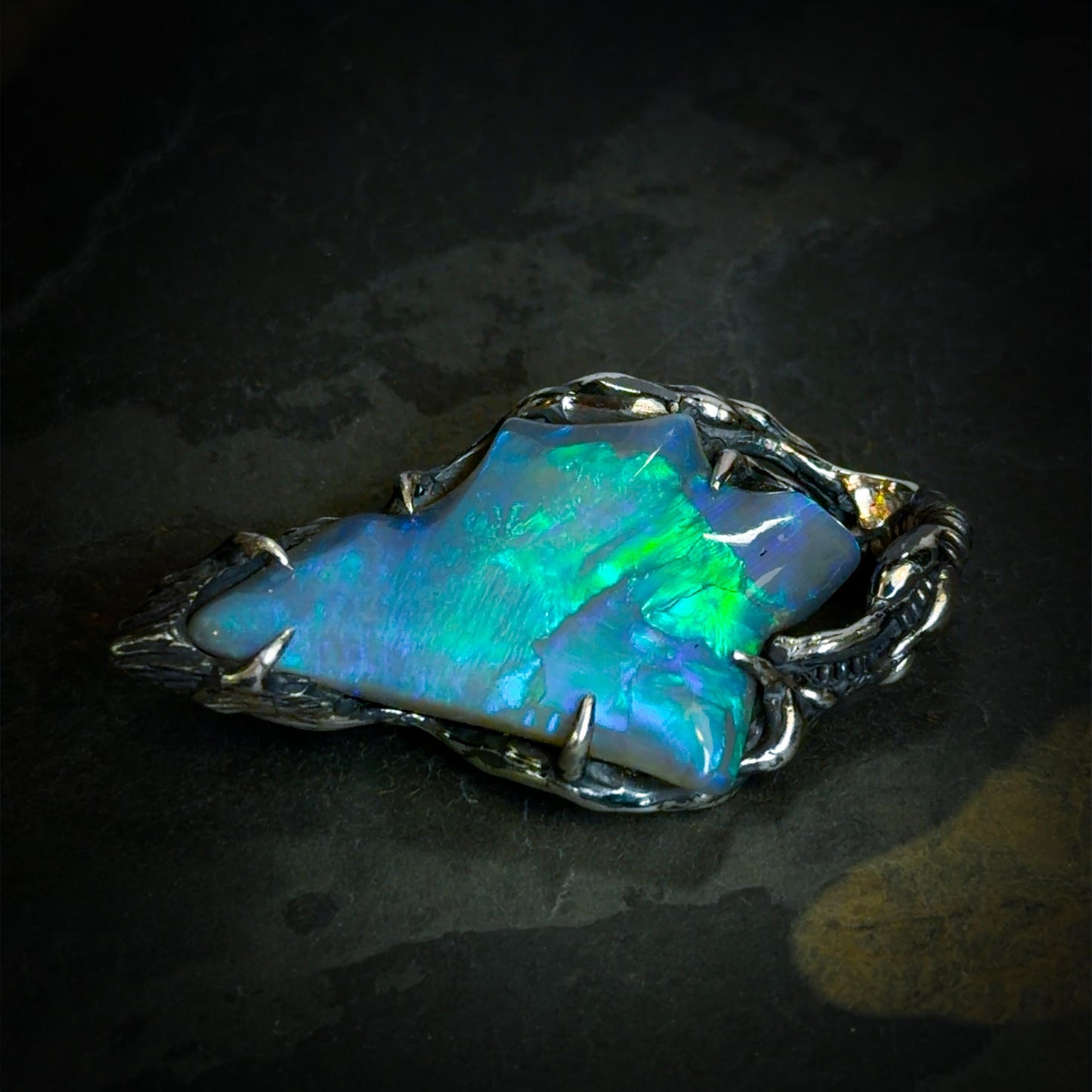 10ct Freeform Lightning Ridge Opal Carving in Oxidised Sterling Silver — One of a Kind Pendant