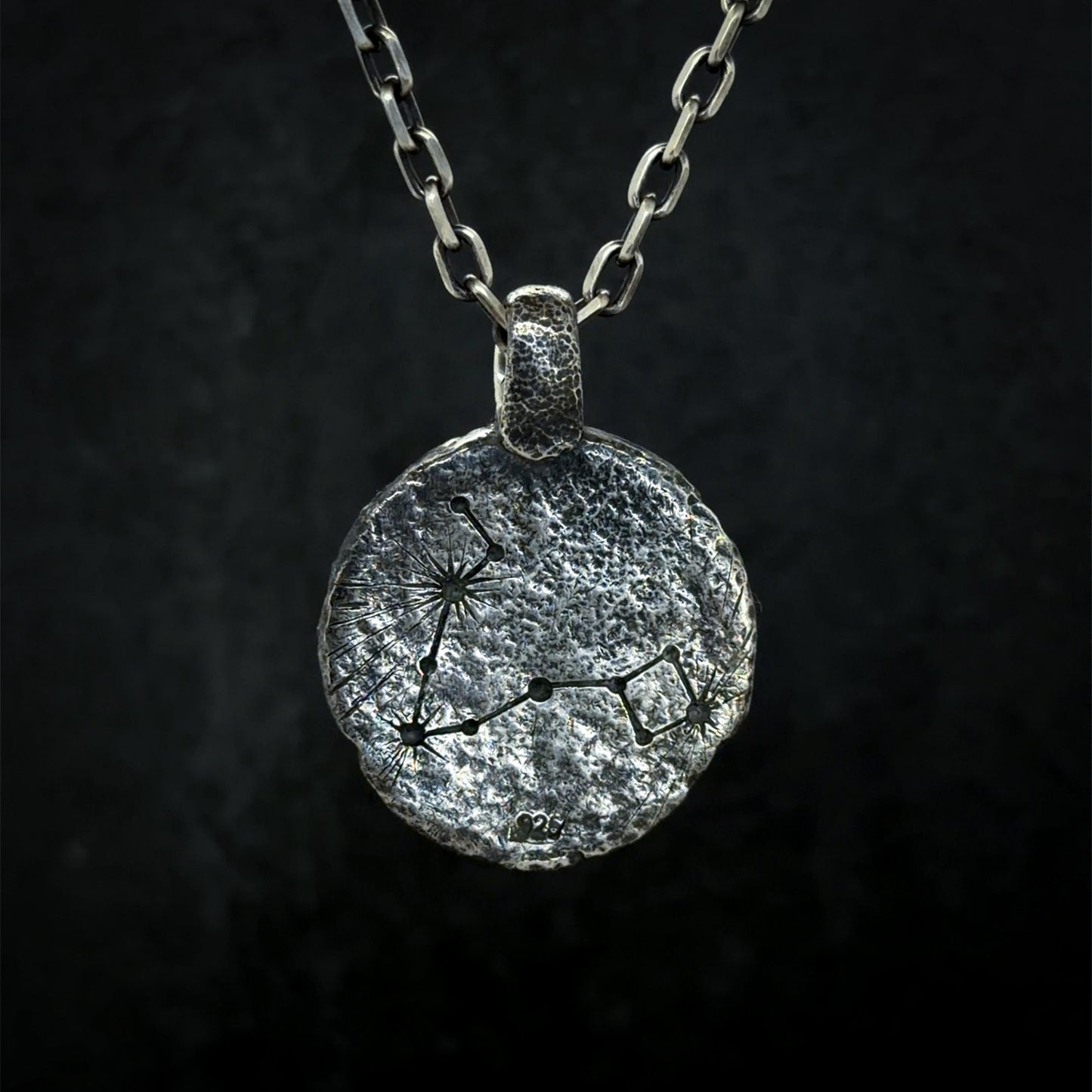 Pisces Necklace in Sterling Silver — Zodiac Relic Pendant with Constellation Reverse