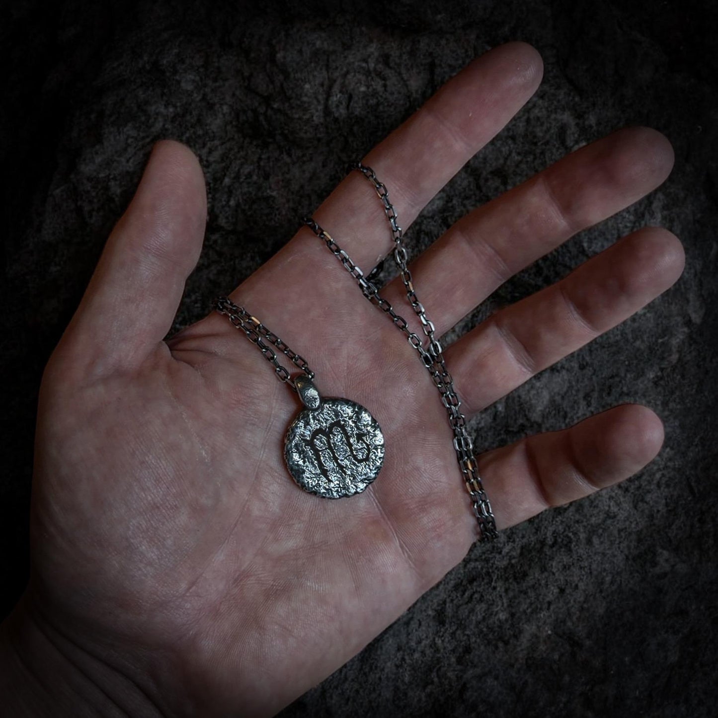 Scorpio Necklace in Sterling Silver — Zodiac Relic Pendant with Constellation Reverse