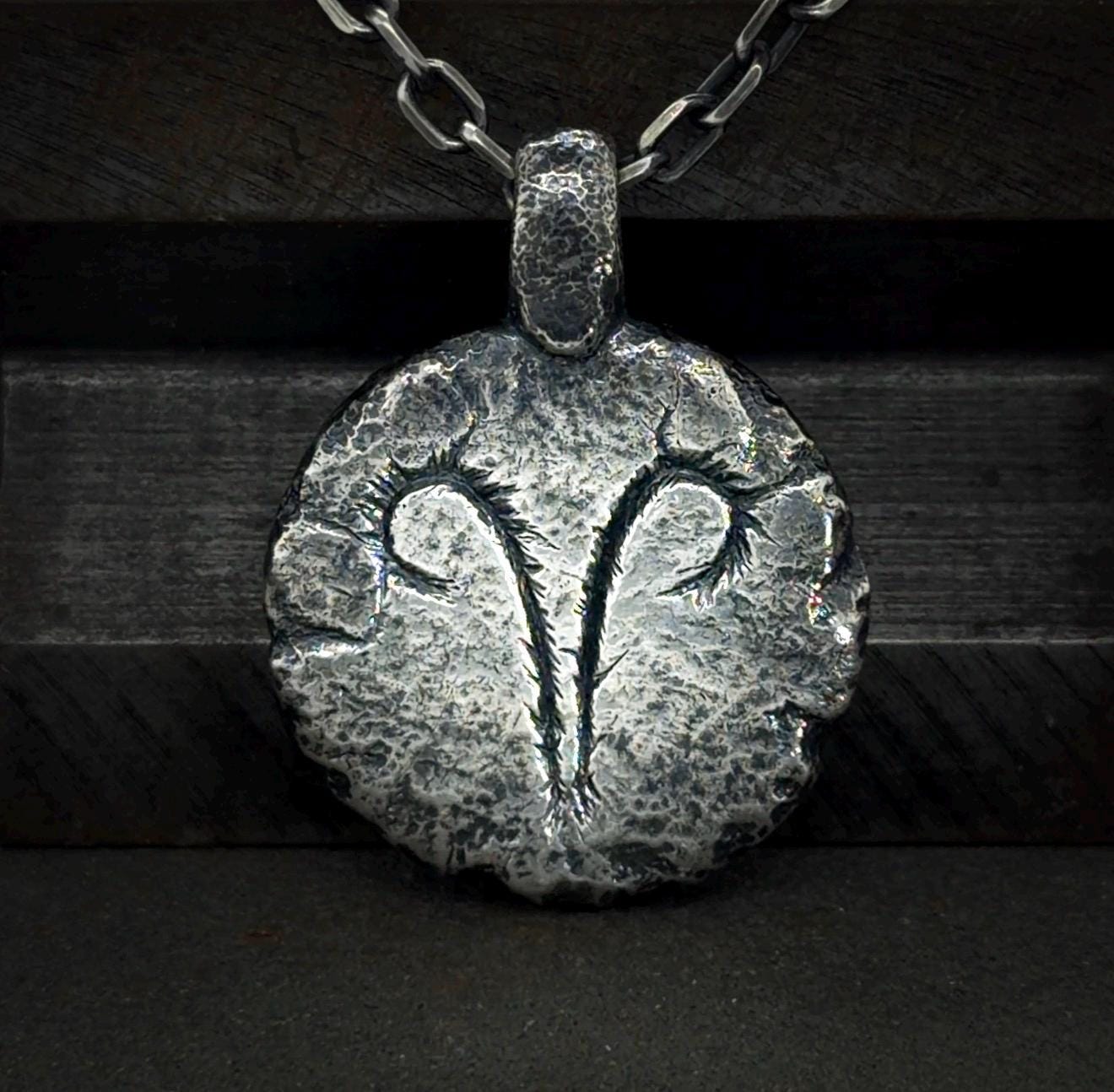 Aries Necklace in Sterling Silver — Zodiac Relic Pendant with Constellation Reverse