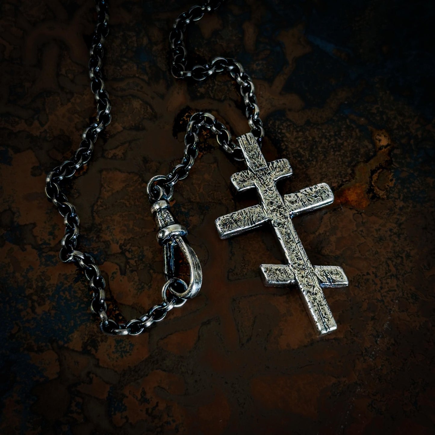 Orthodox Cross Necklace – Oxidized Sterling Silver Cross Pendant for Men, Rustic Gothic Religious Jewellery