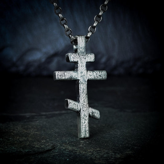 Orthodox Cross Necklace – Oxidized Sterling Silver Cross Pendant for Men, Rustic Gothic Religious Jewellery
