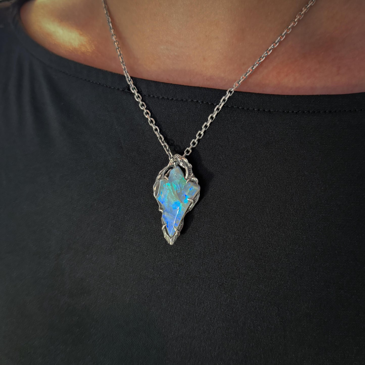 10ct Freeform Lightning Ridge Opal Carving in Oxidised Sterling Silver — One of a Kind Pendant