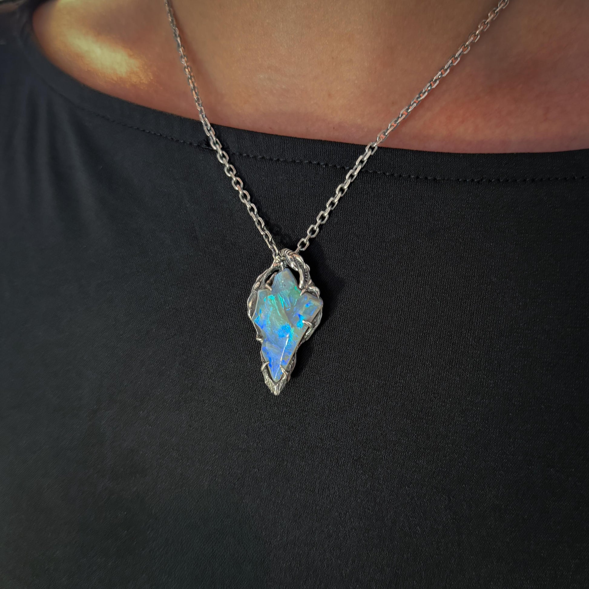10ct Freeform Lightning Ridge Opal Carving in Oxidised Sterling Silver — One of a Kind Pendant