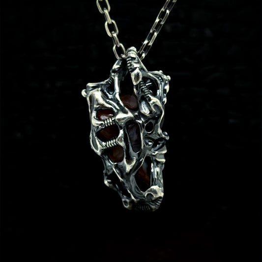 Large Mexican Fire Agate Carving in Oxidised Sterling Silver — One of a Kind Pendant