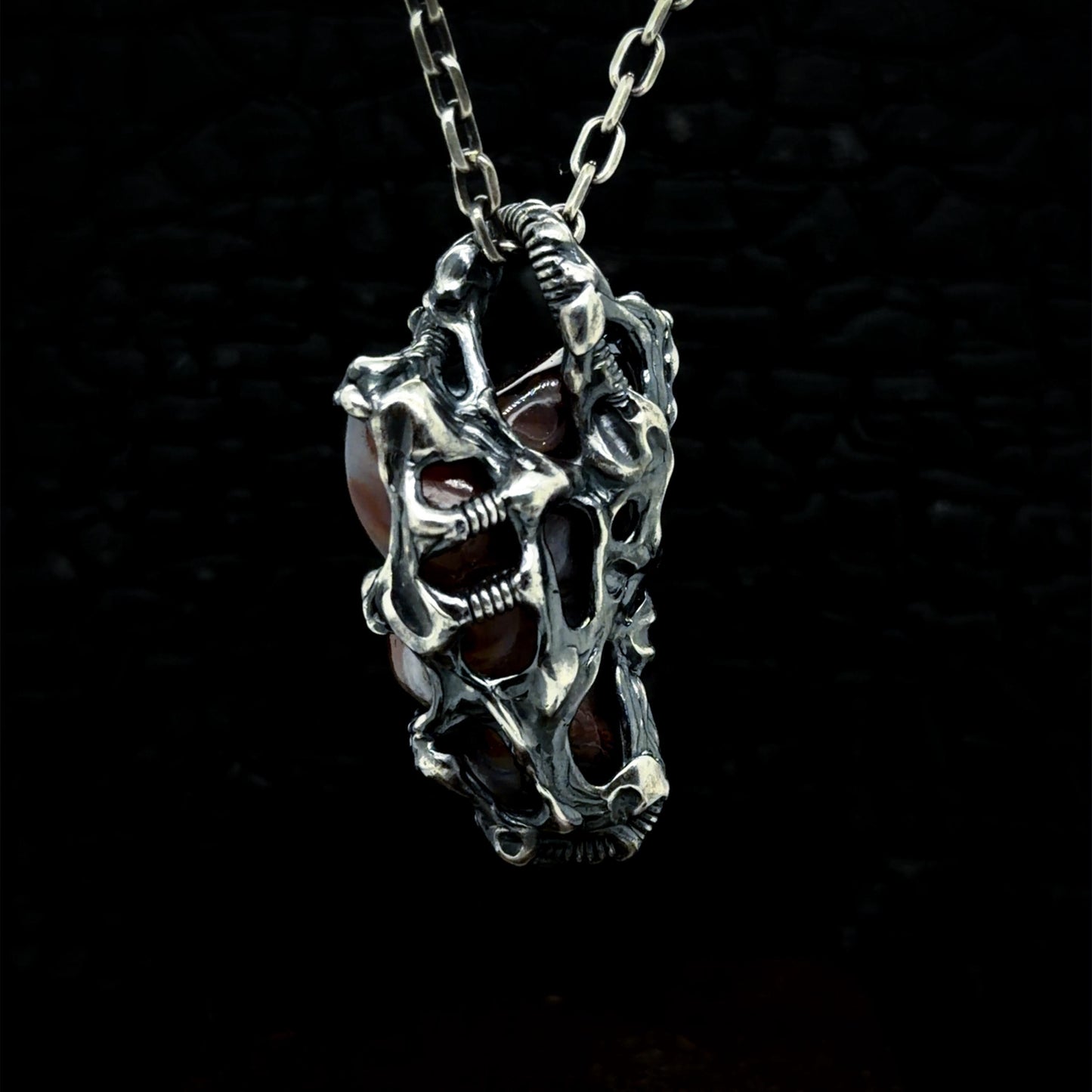 Large Mexican Fire Agate Carving in Oxidised Sterling Silver — One of a Kind Pendant