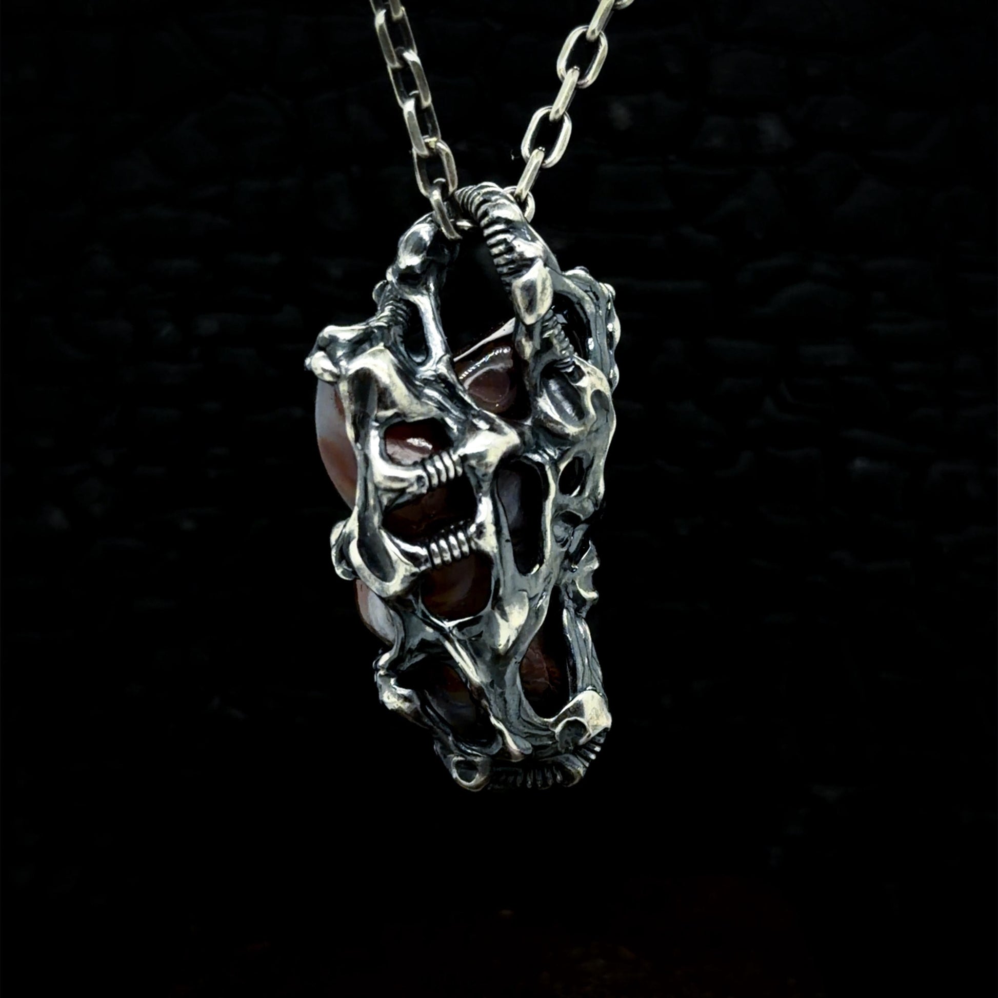 Large Mexican Fire Agate Carving in Oxidised Sterling Silver — One of a Kind Pendant